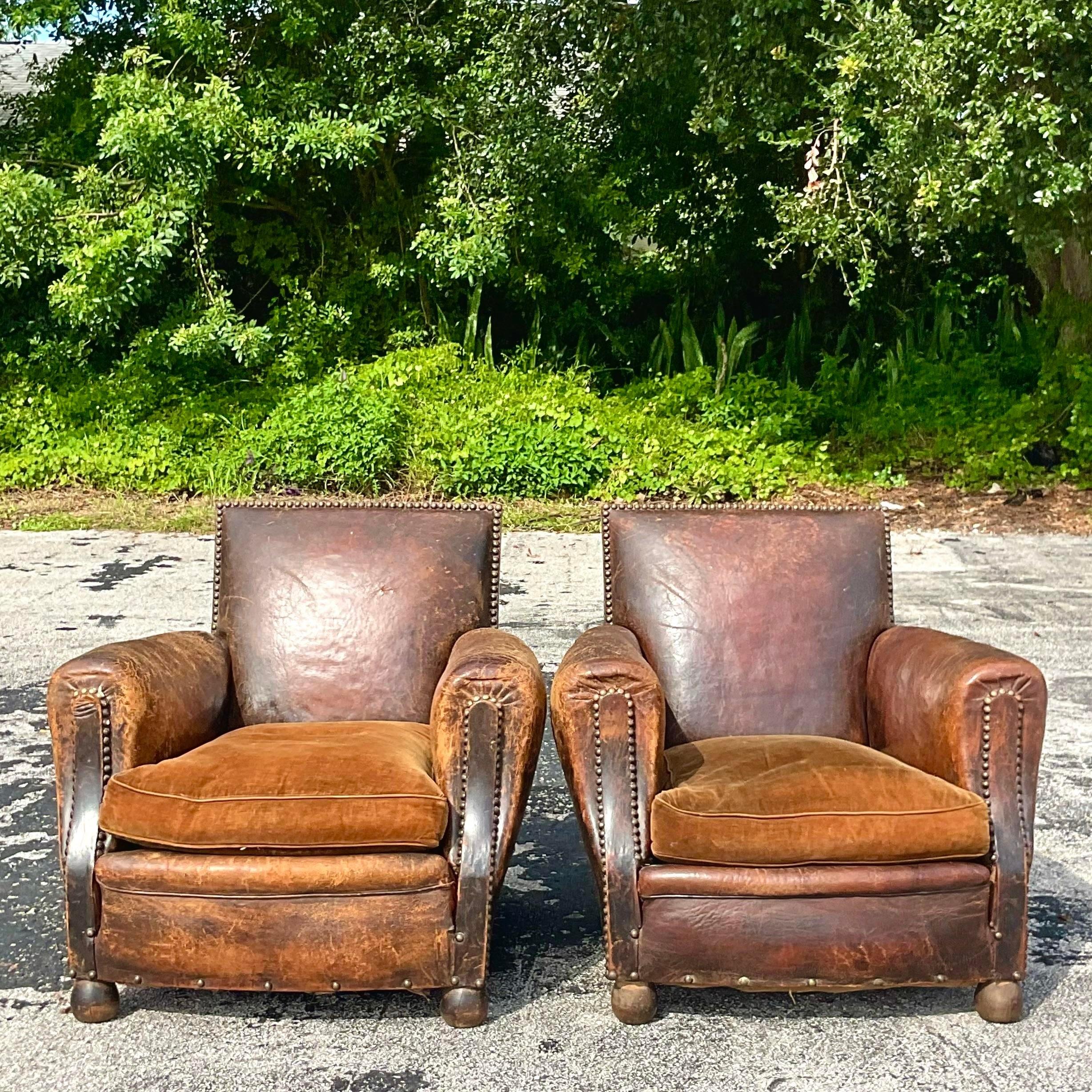 Early 20th Century Vintage Boho Distressed French Art Deco Leather Club Chairs - a Pair For Sale