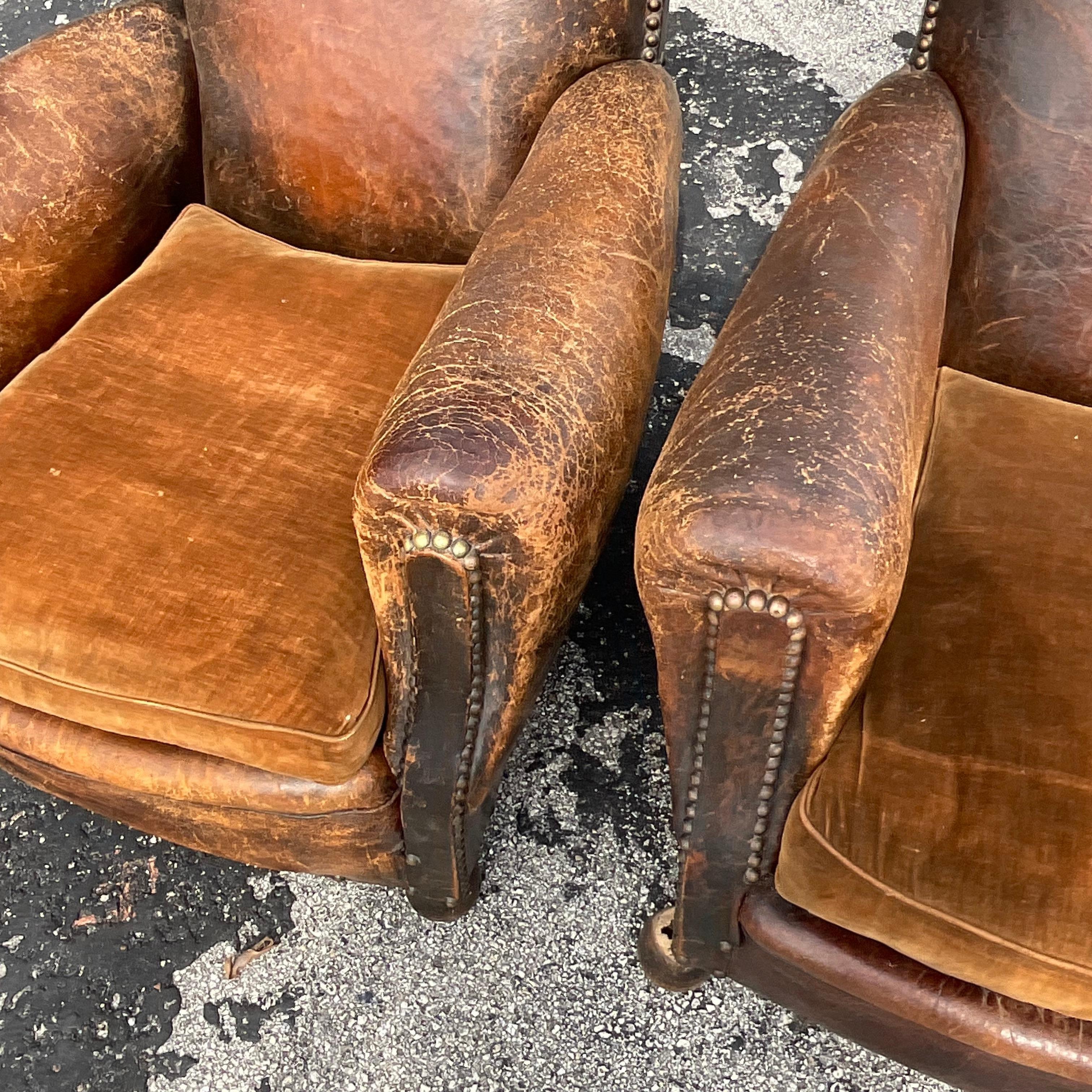 Wood Vintage Boho Distressed French Art Deco Leather Club Chairs - a Pair For Sale