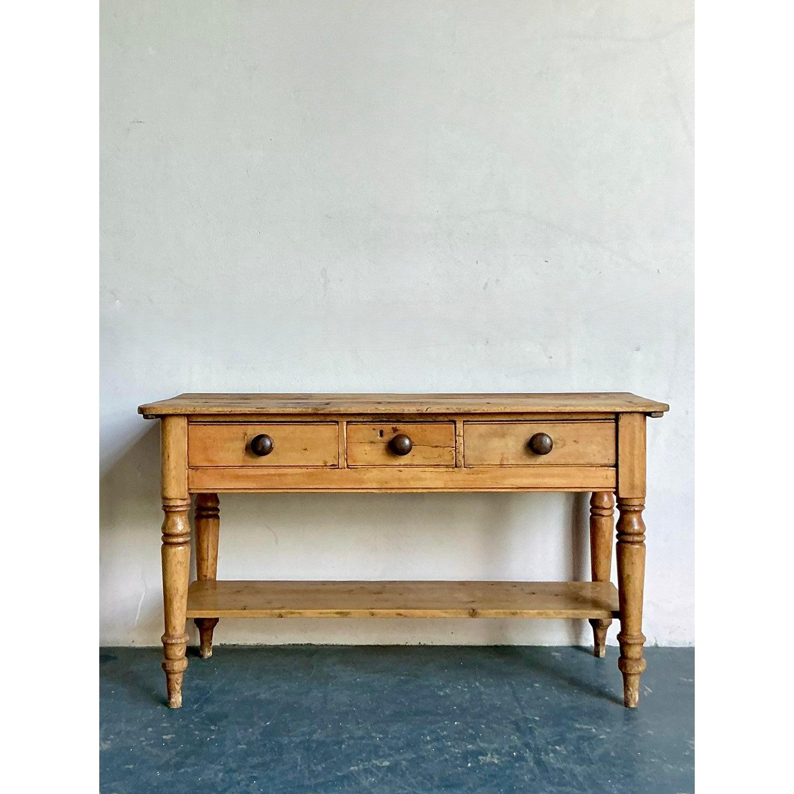 French Provincial Vintage Boho Distressed French Farm House Console Table For Sale