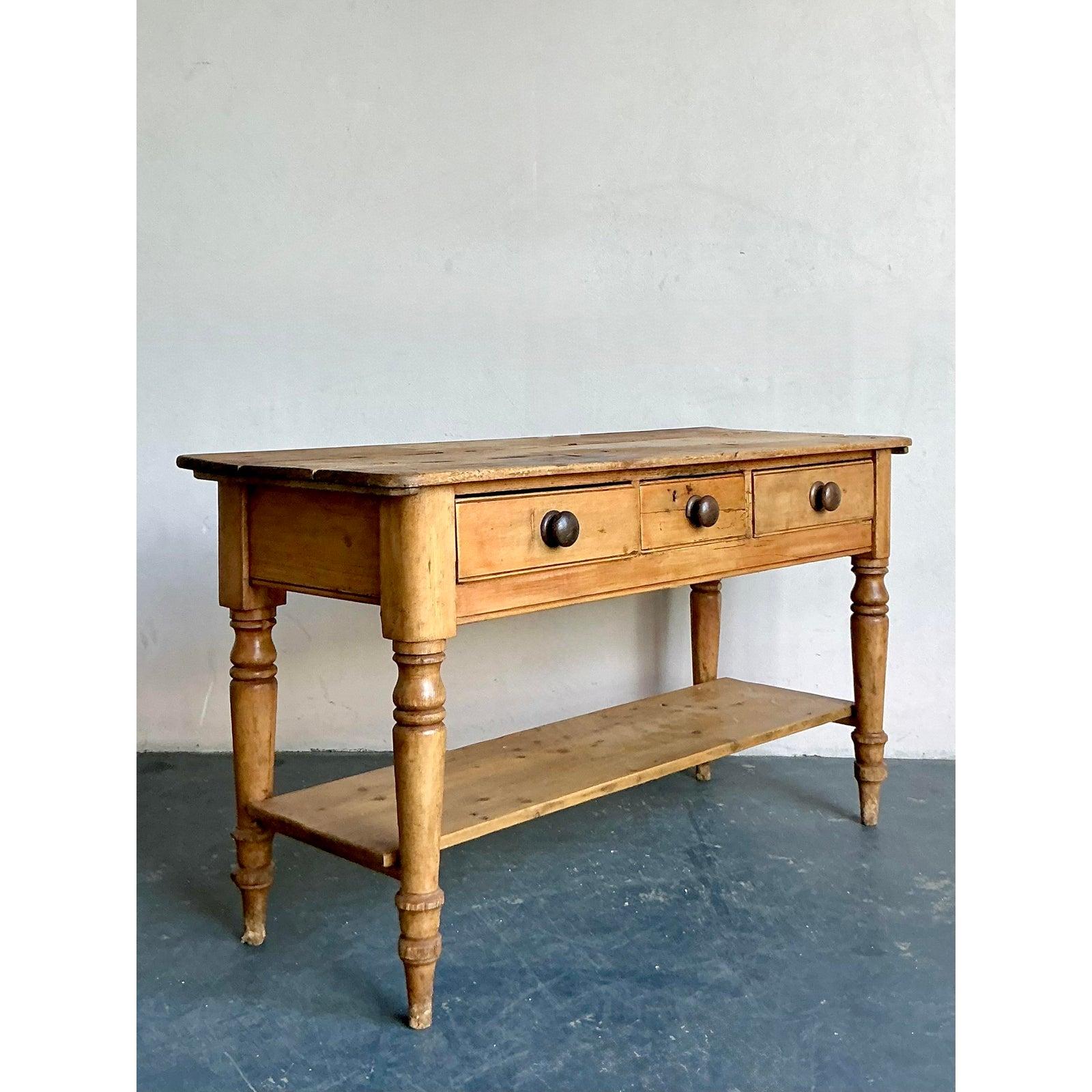 Pine Vintage Boho Distressed French Farm House Console Table For Sale