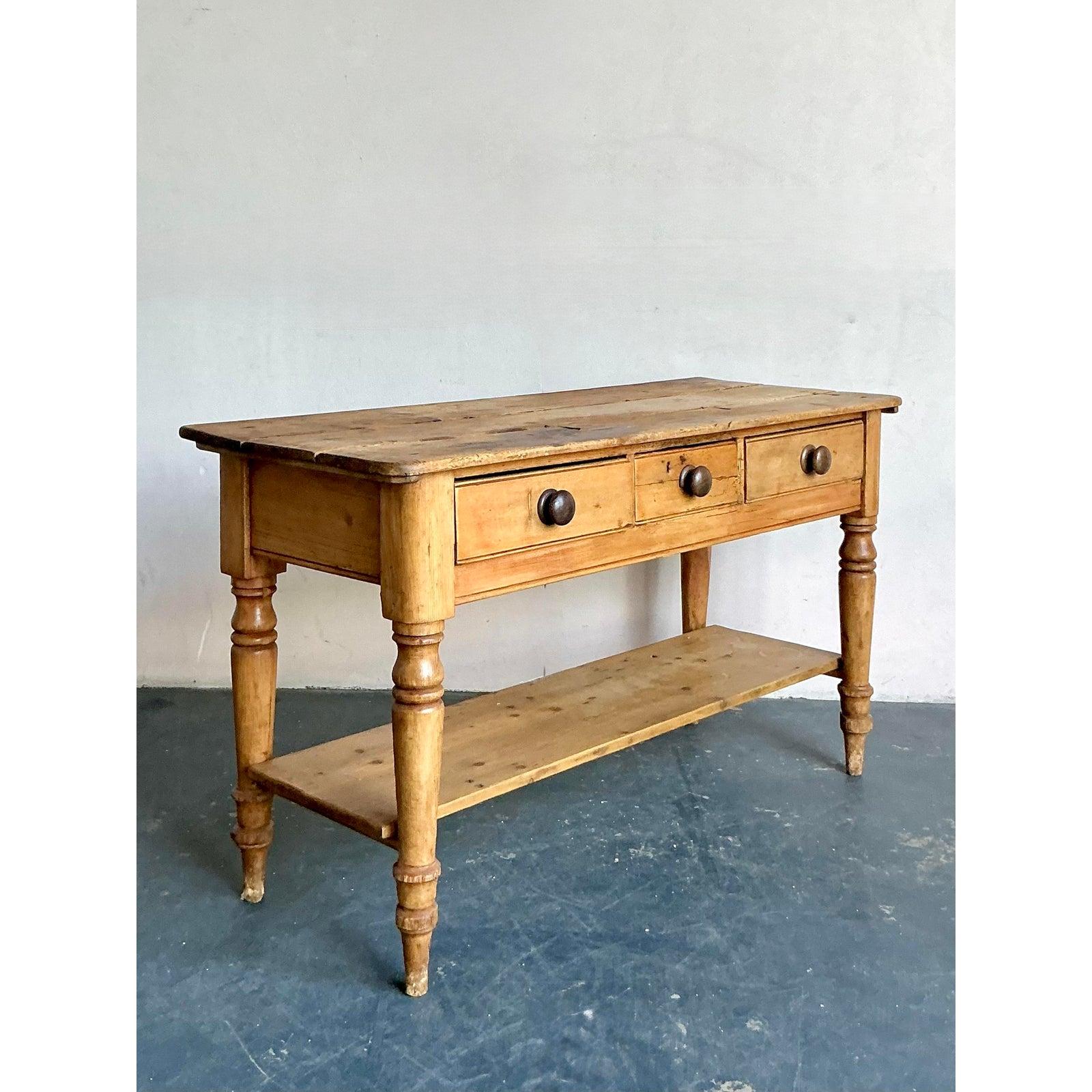 Vintage Boho Distressed French Farm House Console Table For Sale 1