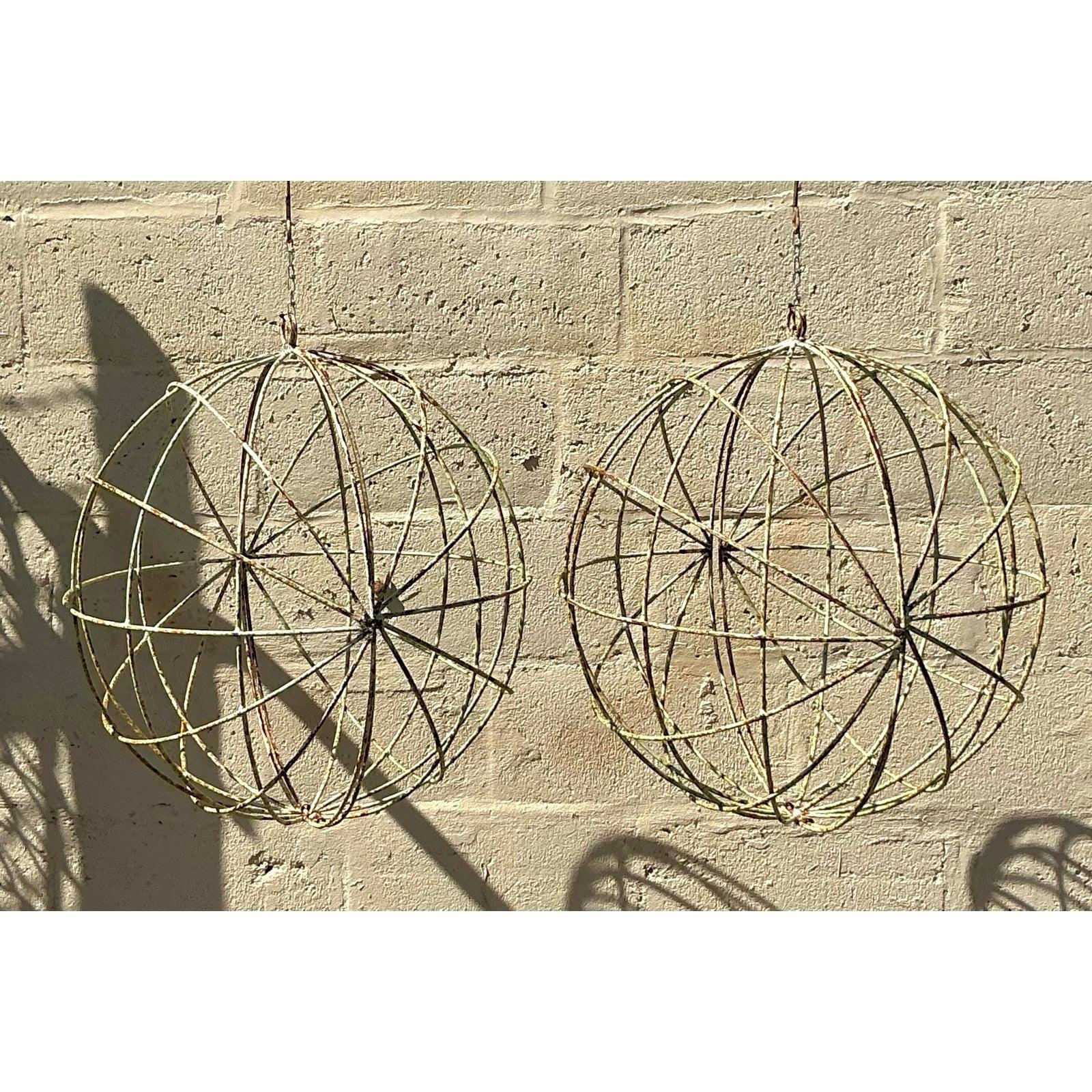 Industrial Vintage Boho Distressed Iron Sphere - A Pair For Sale