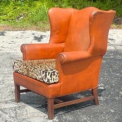 Vintage Boho Distressed Leather Wingback Chair