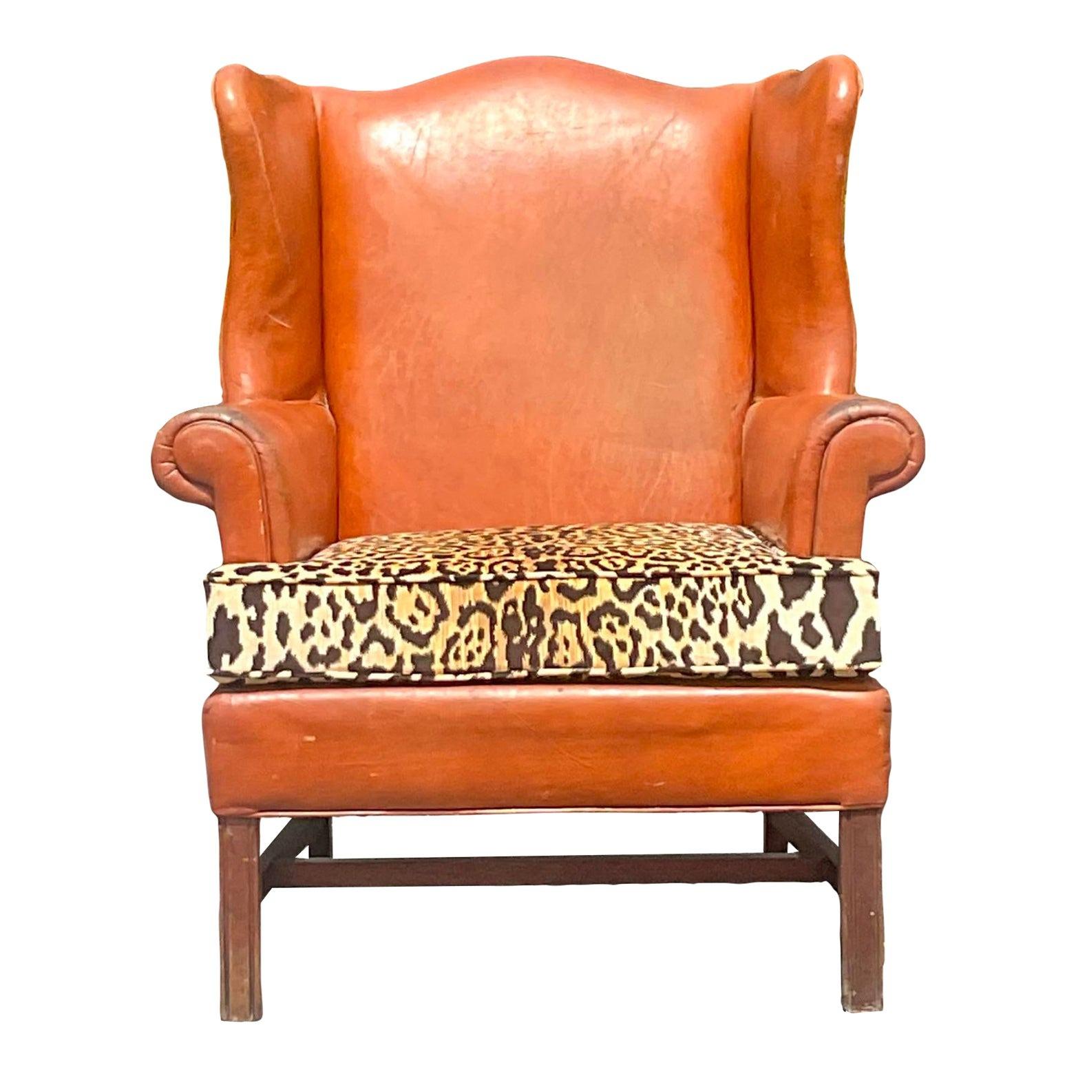 Chaise à dossier vintage en cuir vieilli Boho Bon état - En vente à west palm beach, FL