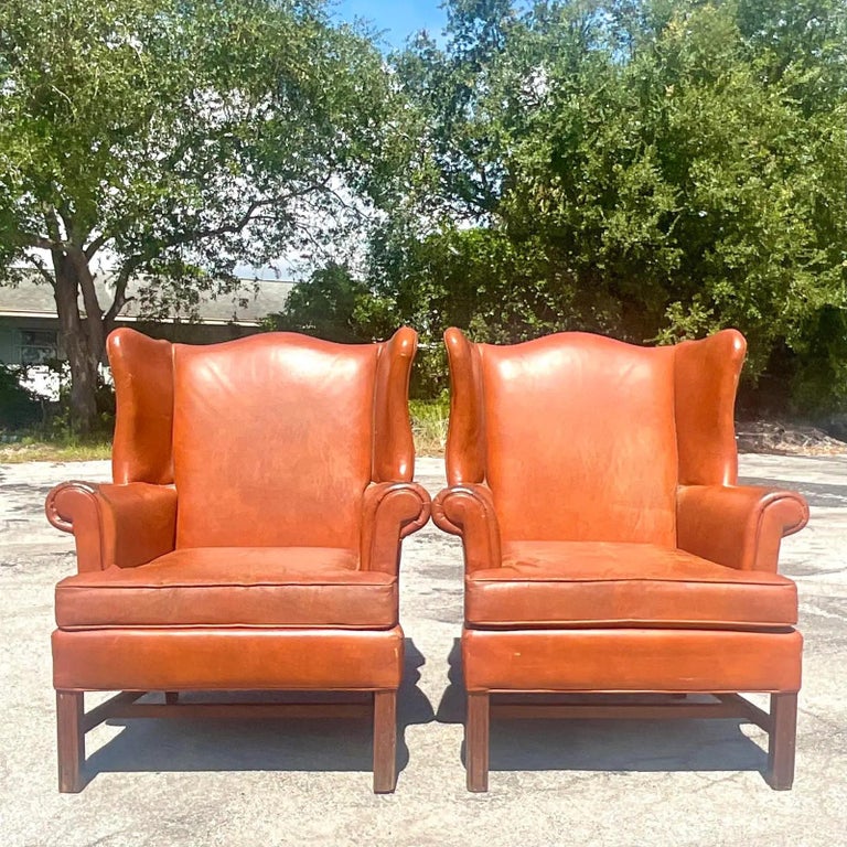 Vintage Boho Distressed Leather Wingback Chairs, a Pair at 1stDibs
