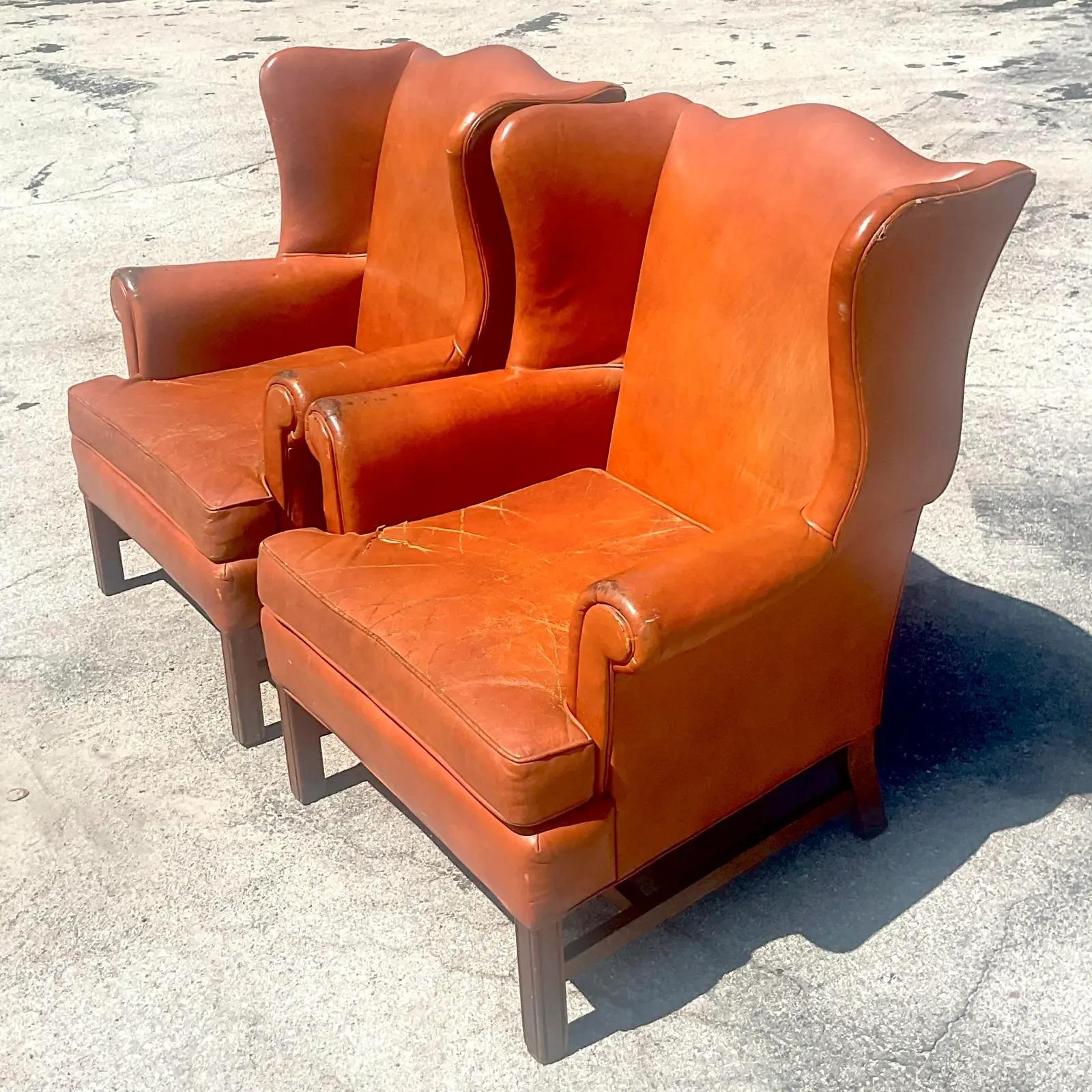 Vintage Boho Distressed Leather Wingback Chairs, a Pair 1