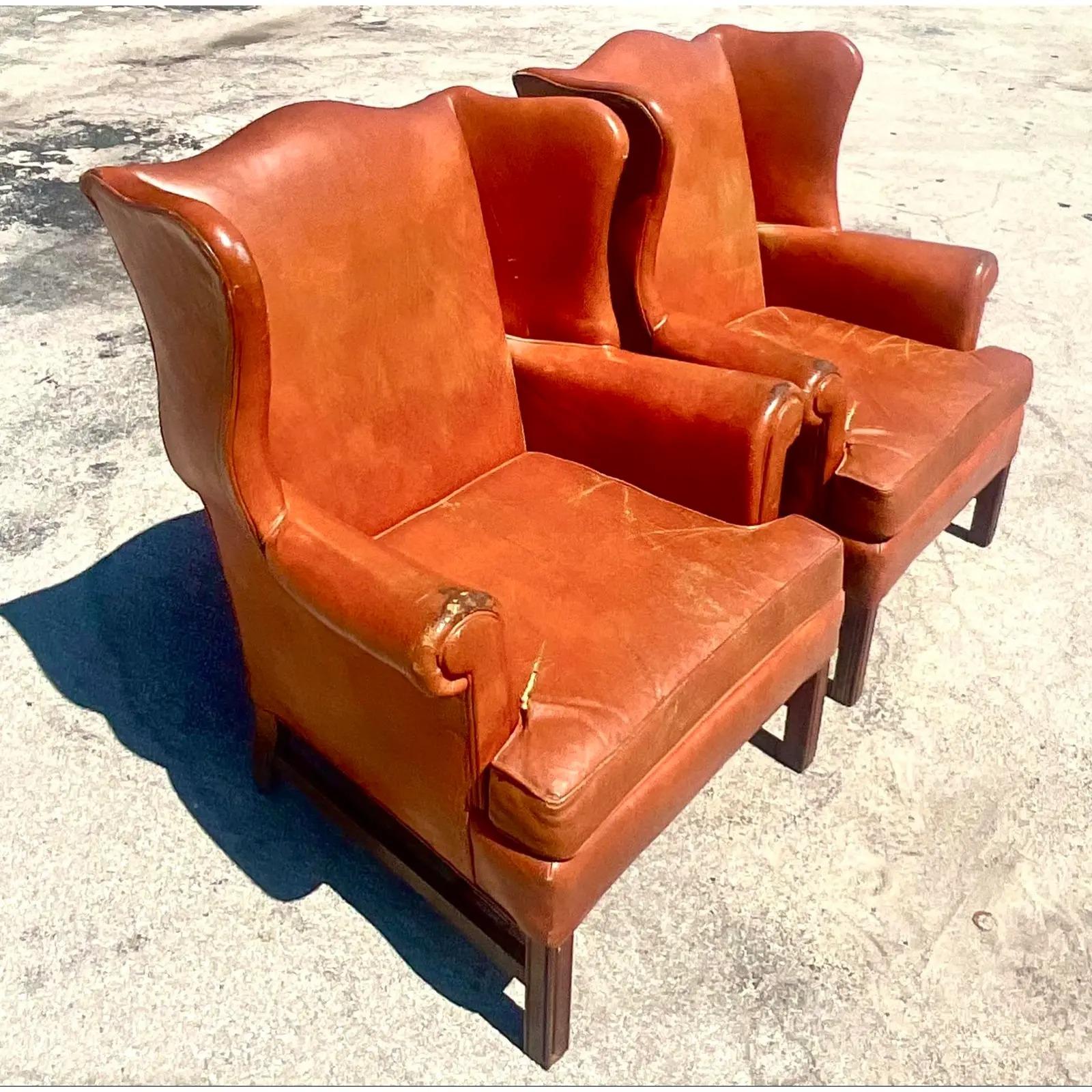 Vintage Boho Distressed Leather Wingback Chairs, a Pair 2