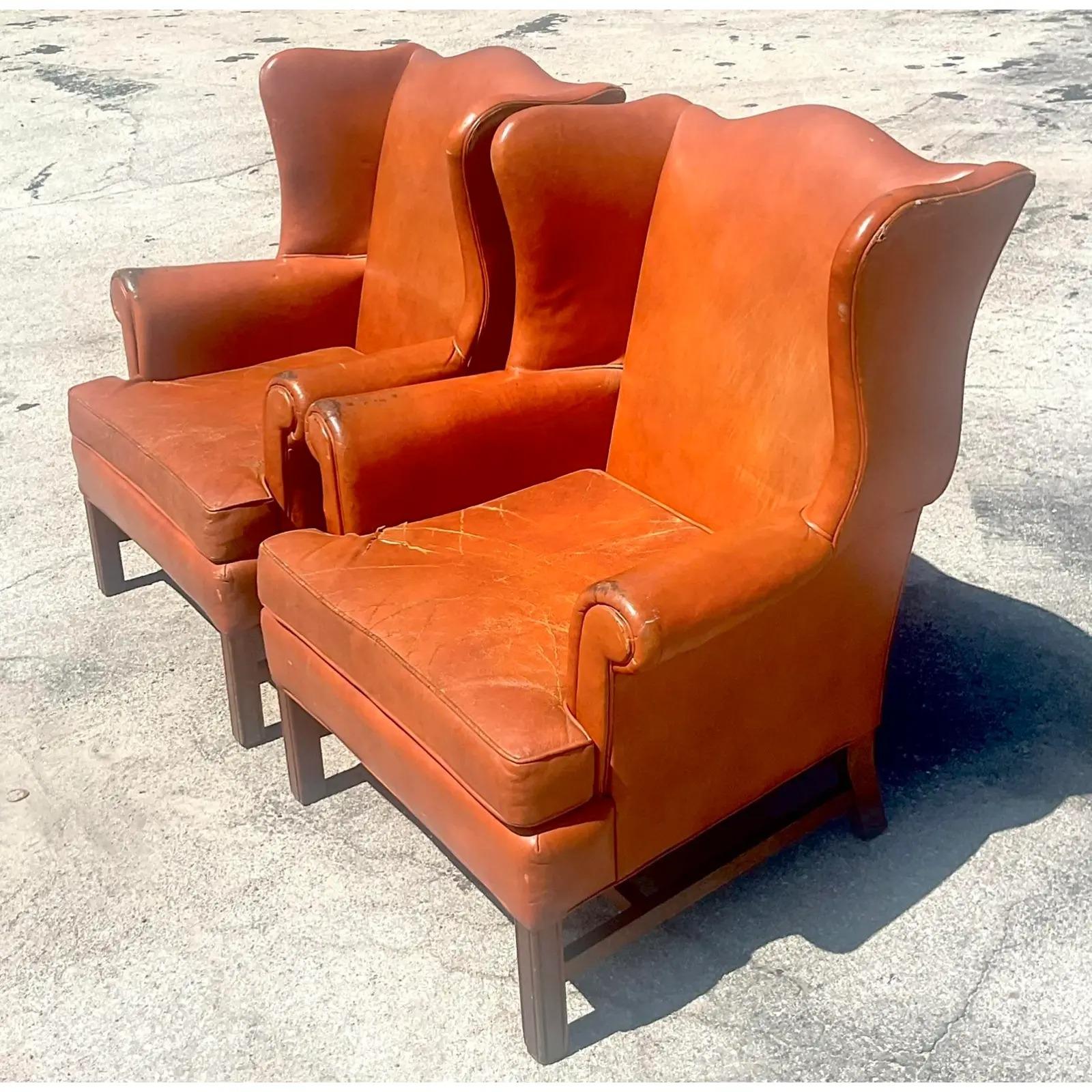 Vintage Boho Distressed Leather Wingback Chairs, a Pair 3