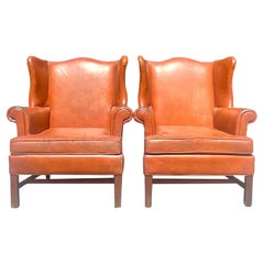 Vintage Boho Distressed Leather Wingback Chairs, a Pair