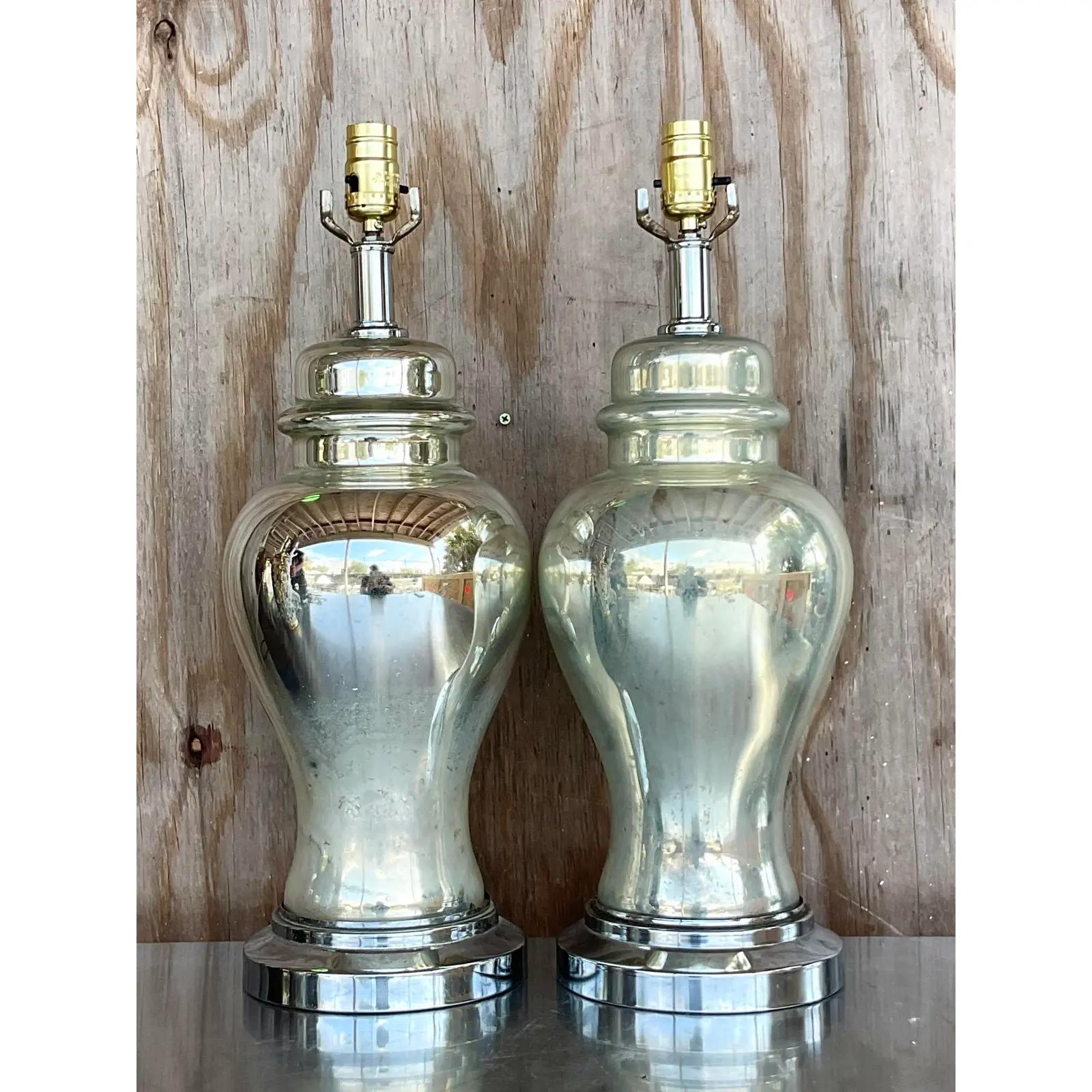 North American Vintage Boho Distressed Mercury Glass Ginger Jar Lamps - a Pair