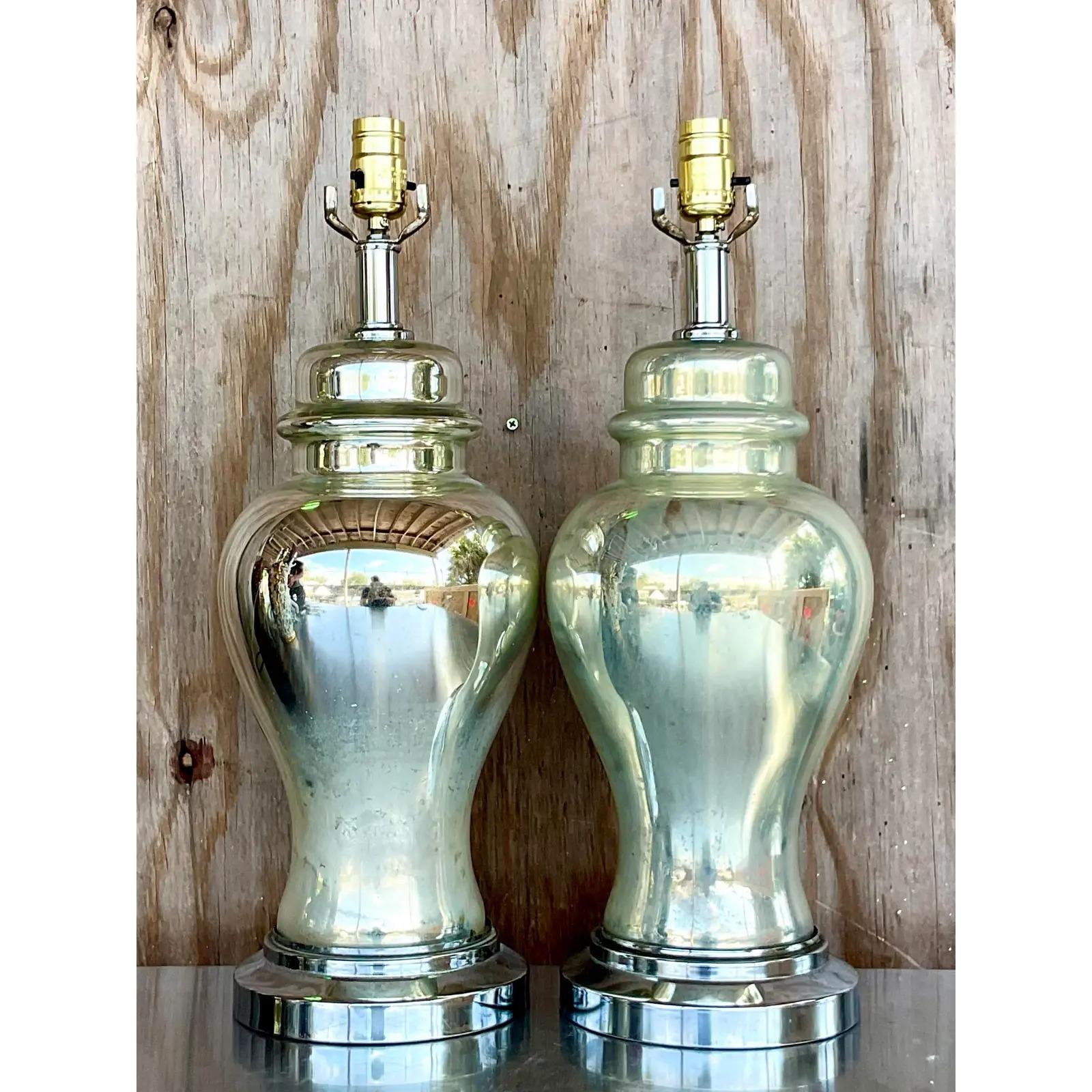 Vintage Boho Distressed Mercury Glass Ginger Jar Lamps - a Pair In Good Condition In west palm beach, FL