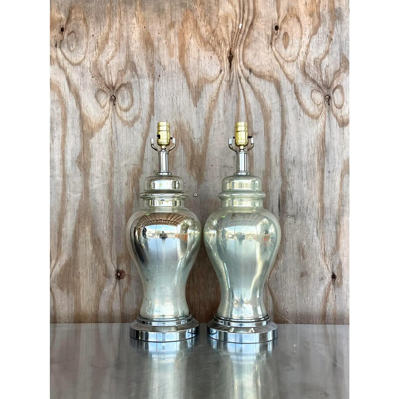 20th Century Vintage Boho Distressed Mercury Glass Ginger Jar Lamps - a Pair