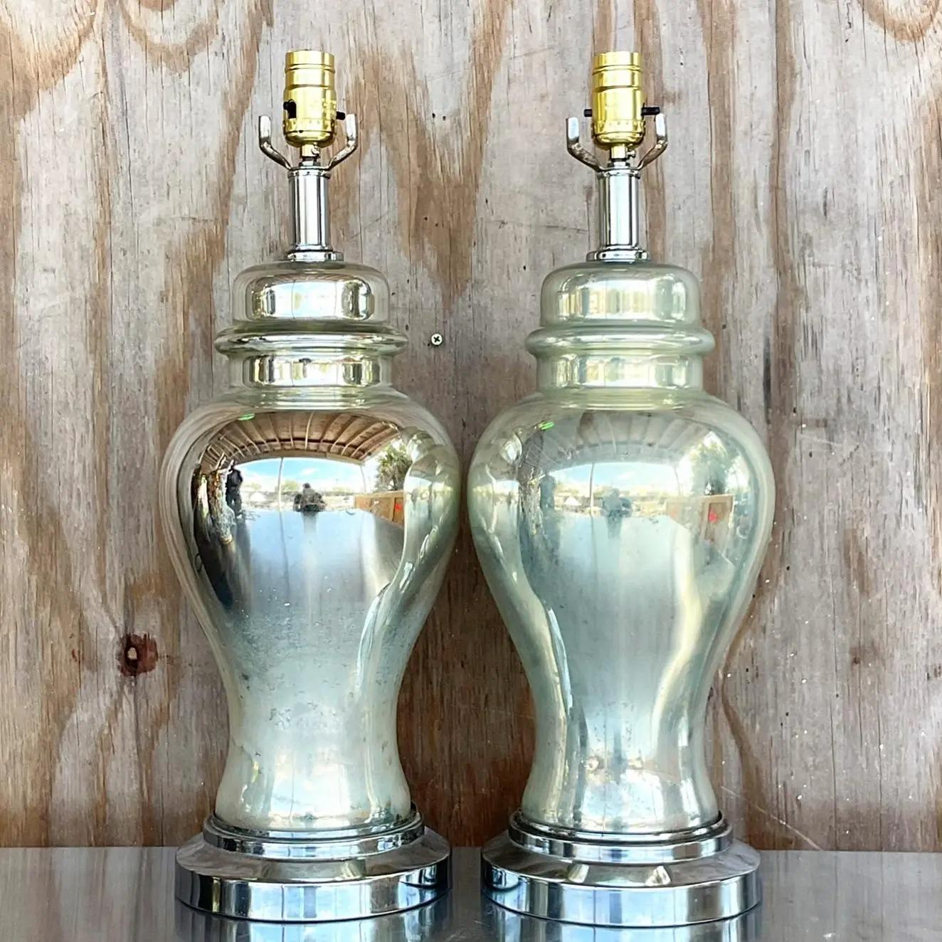 Vintage Boho Distressed Mercury Glass Ginger Jar Lamps - a Pair 2