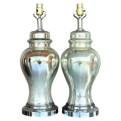 Vintage Boho Distressed Mercury Glass Ginger Jar Lamps - a Pair