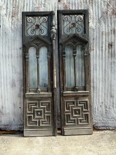 Vintage Boho Distressed Palm Beach Pediment Doors - Set of 2