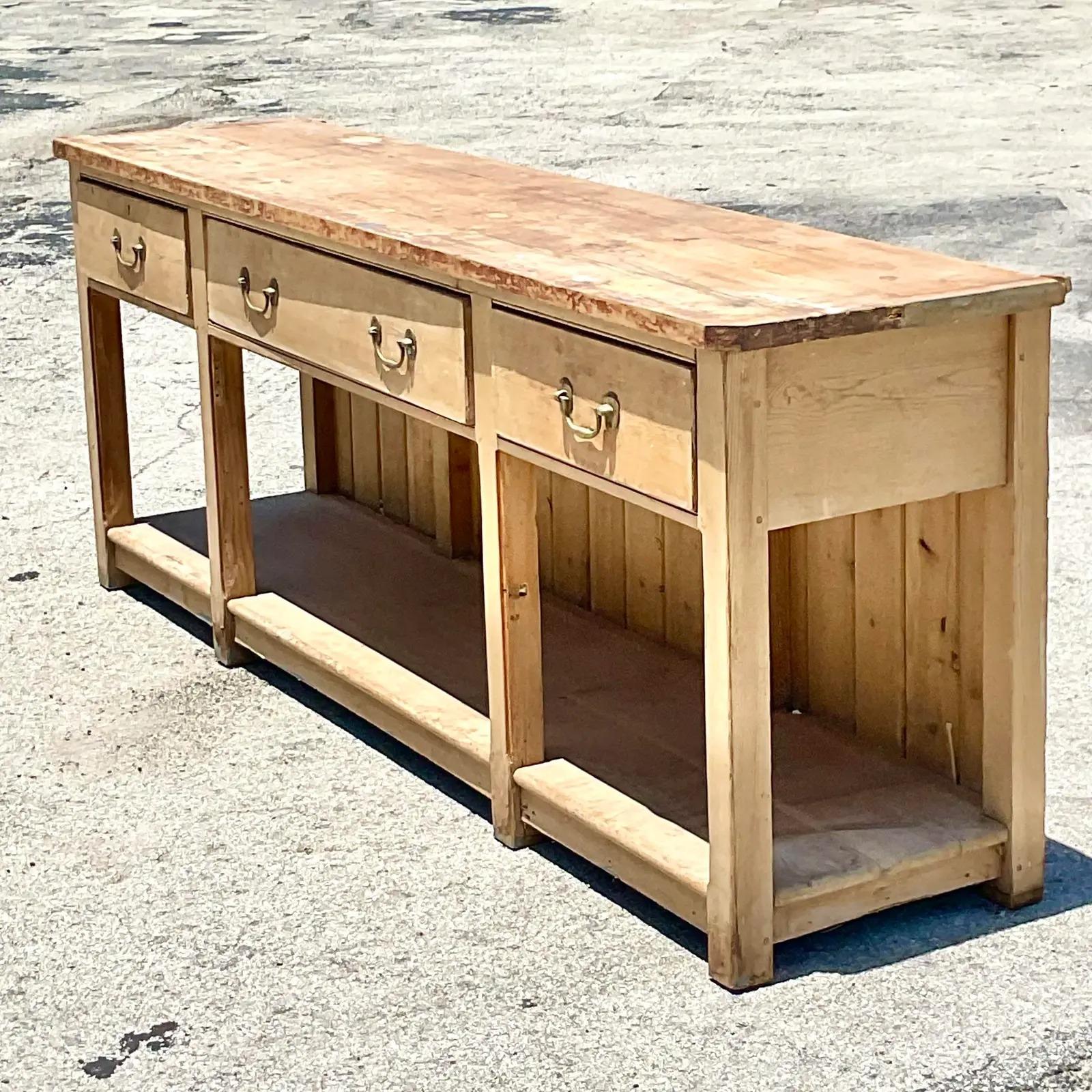 Vintage Boho Distressed Pine Console In Good Condition In west palm beach, FL