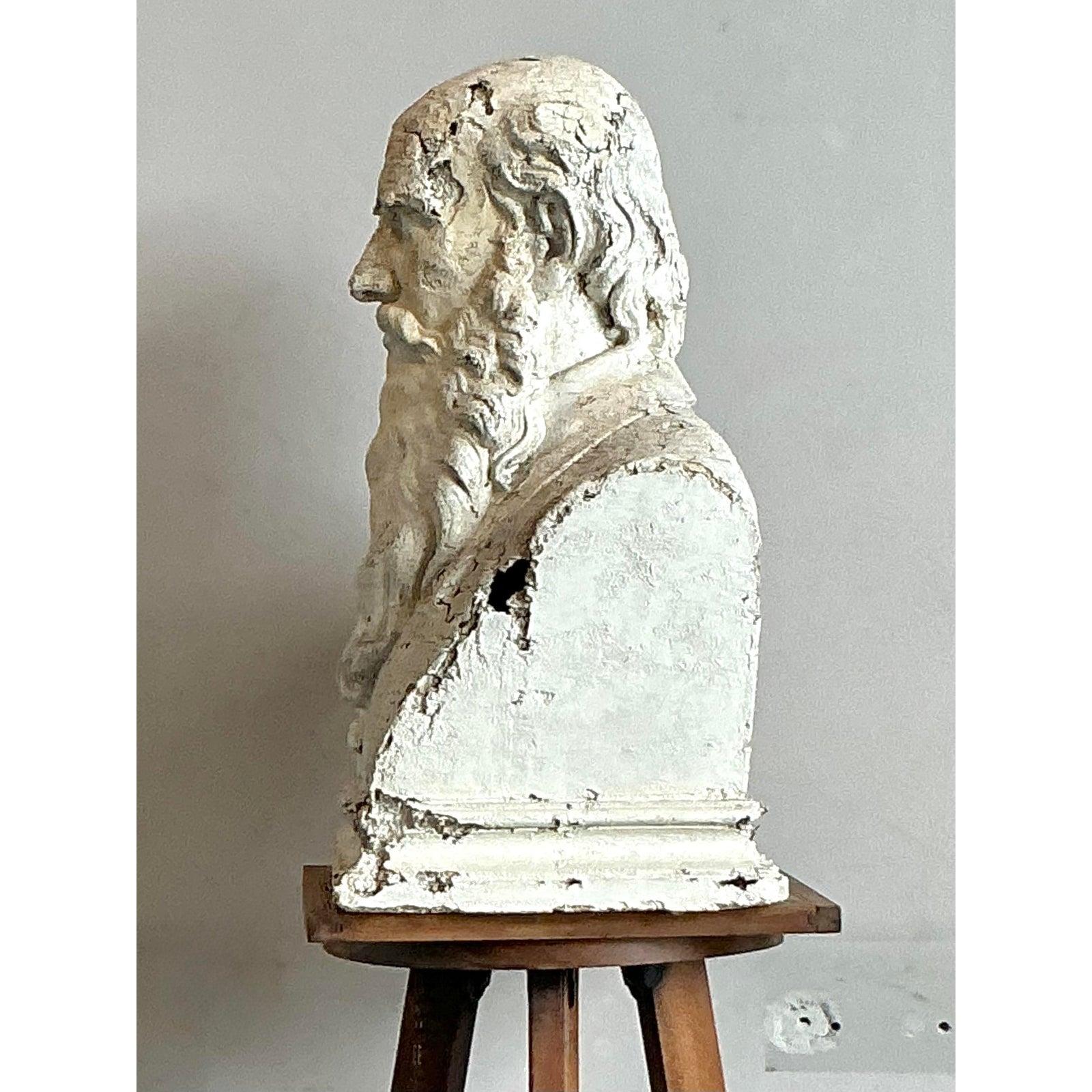 Rustico Vintage Boho Distressed Plaster Bust of Man in vendita