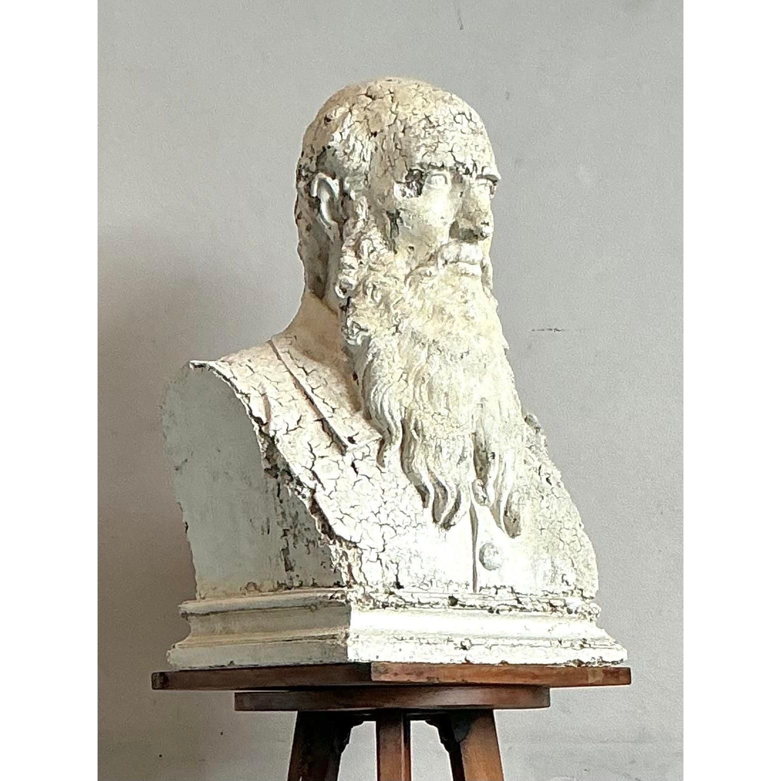 Americano Vintage Boho Distressed Plaster Bust of Man in vendita