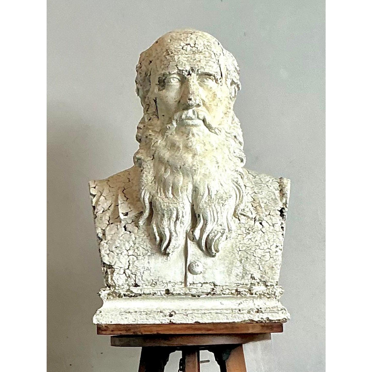 XX secolo Vintage Boho Distressed Plaster Bust of Man in vendita