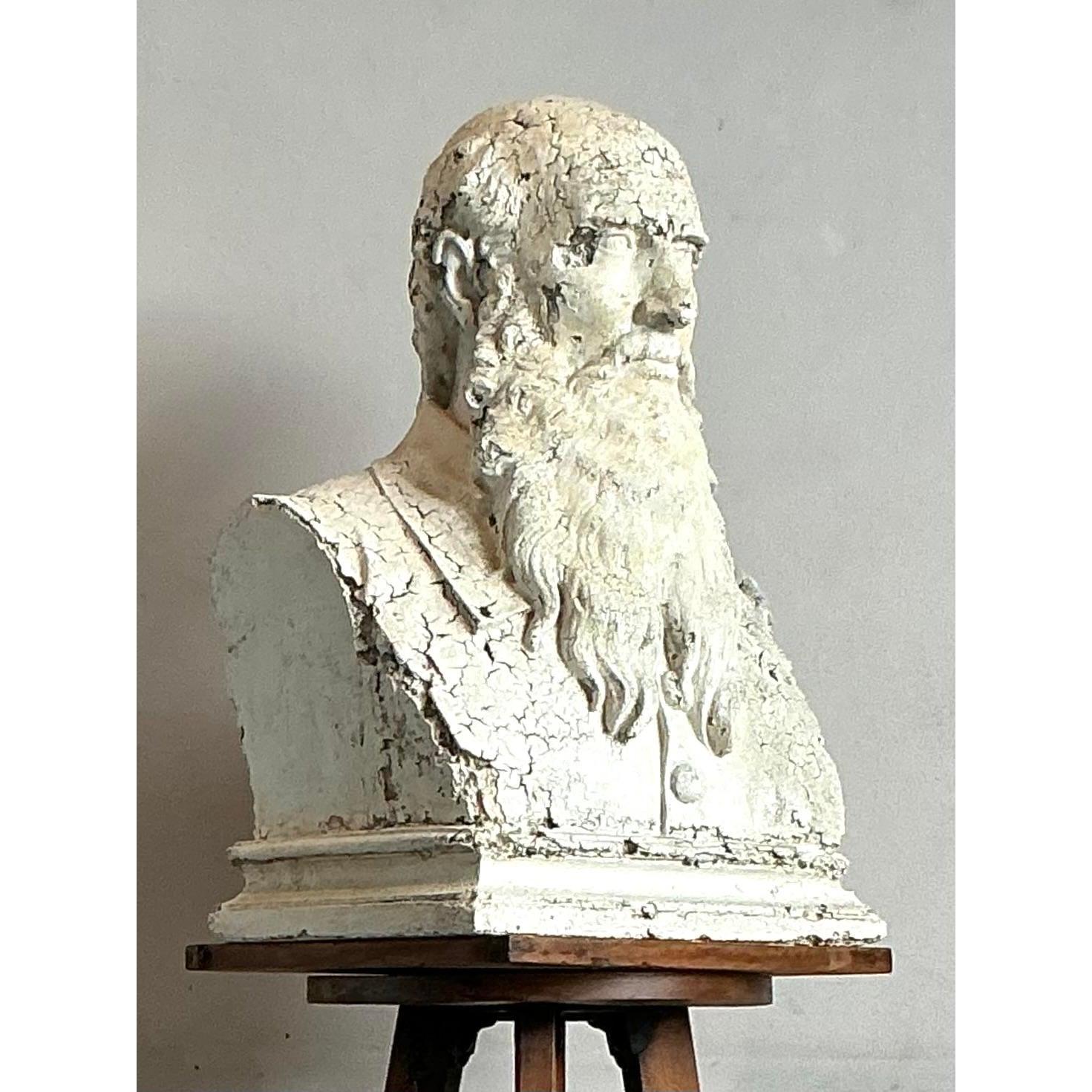 Intonaco Vintage Boho Distressed Plaster Bust of Man in vendita