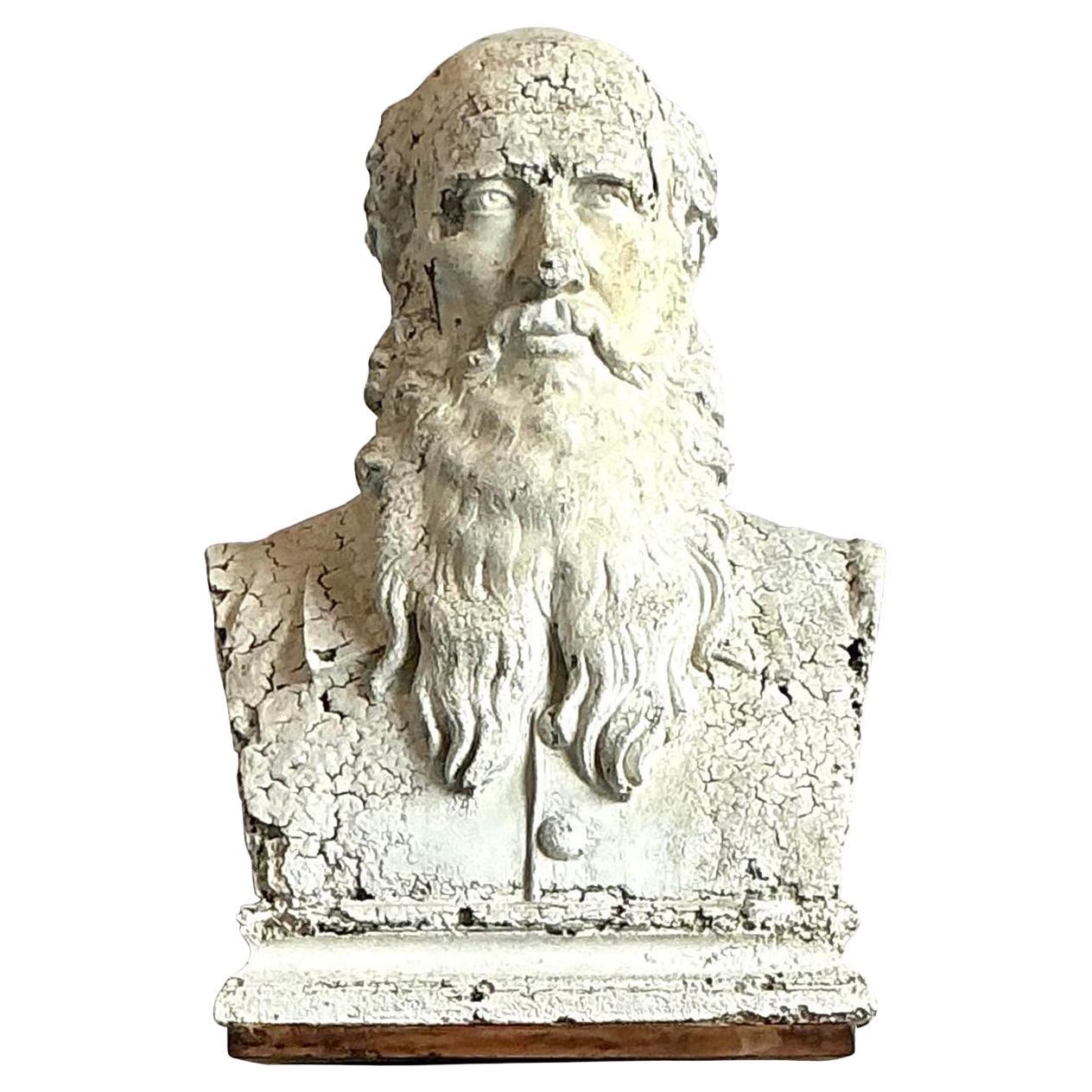 Vintage Boho Distressed Plaster Bust of Man in vendita