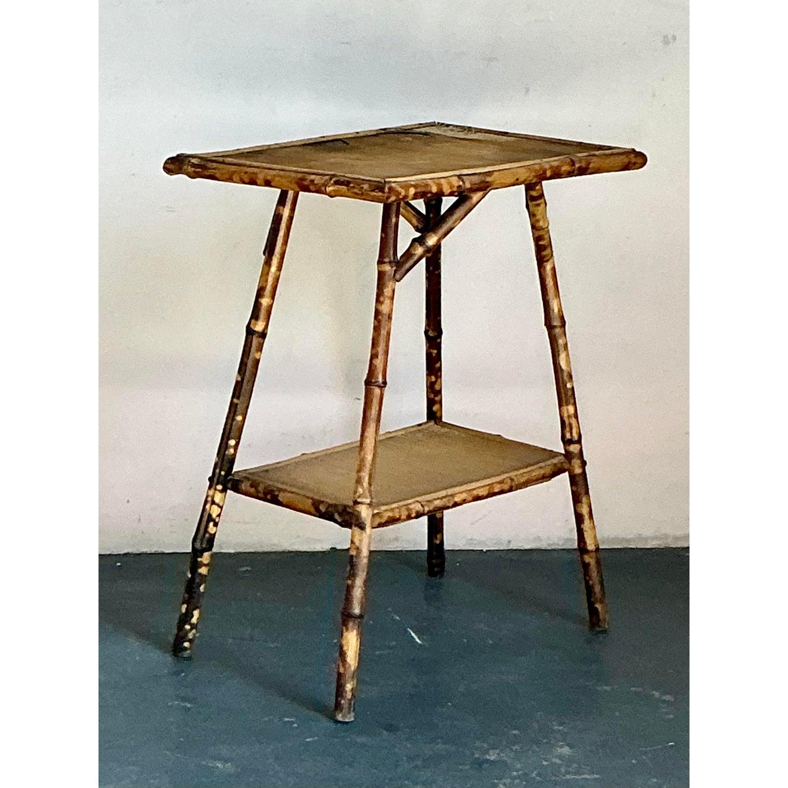 Vintage Boho Distressed Tortoise Bamboo Side Table For Sale 4