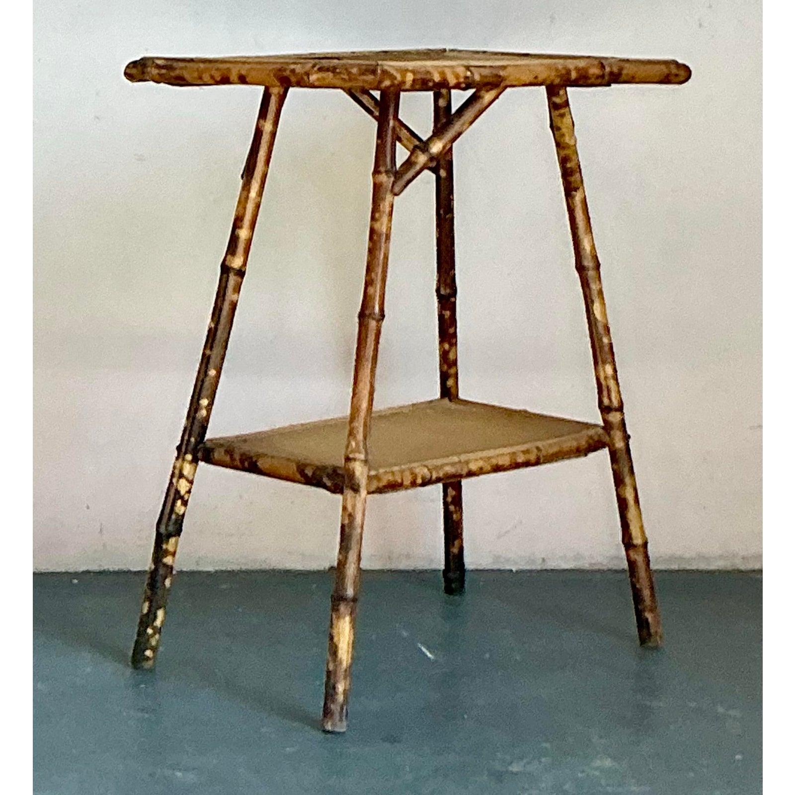 Vintage Boho Distressed Tortoise Bamboo Side Table For Sale 5