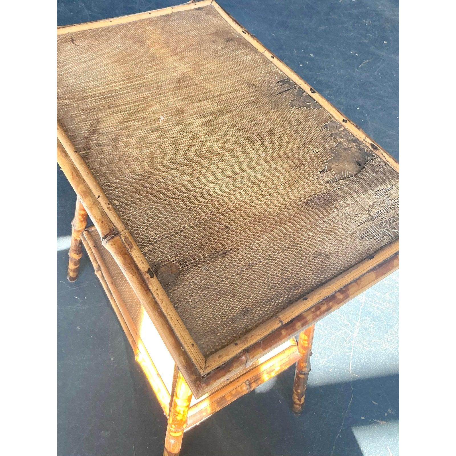 Vintage Boho Distressed Tortoise Bamboo Side Table For Sale 6