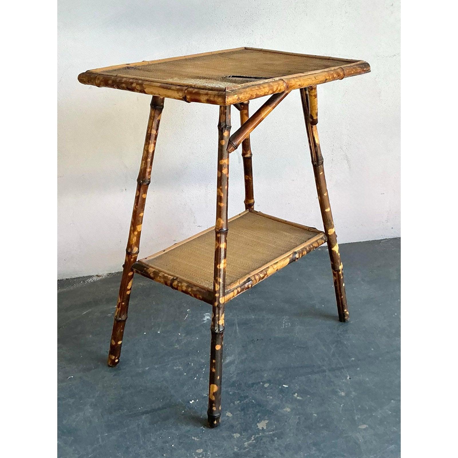 Philippine Vintage Boho Distressed Tortoise Bamboo Side Table For Sale