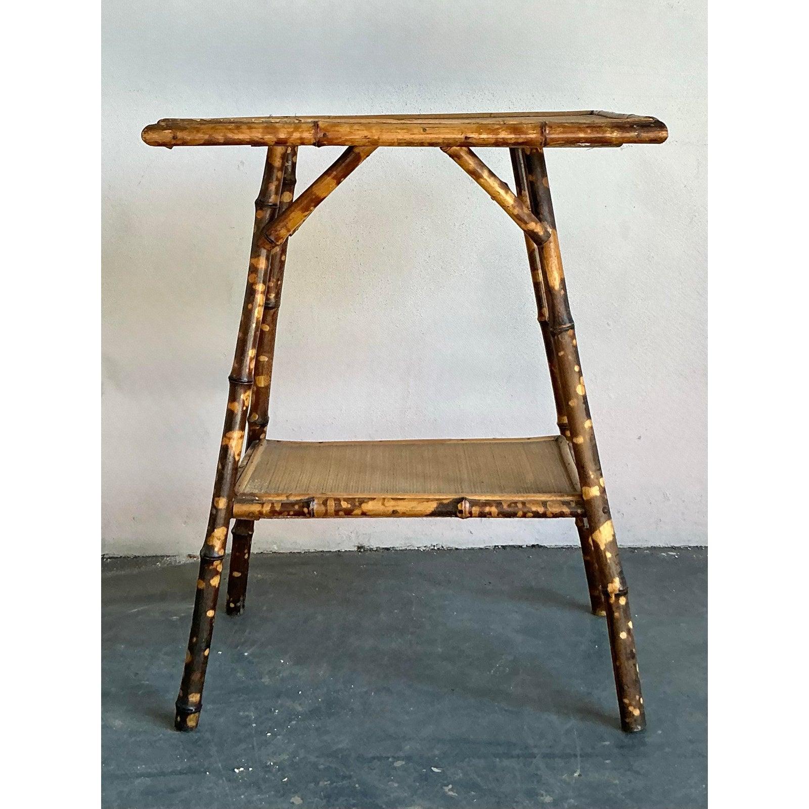 Vintage Boho Distressed Tortoise Bamboo Side Table In Good Condition For Sale In West Palm Beach, FL