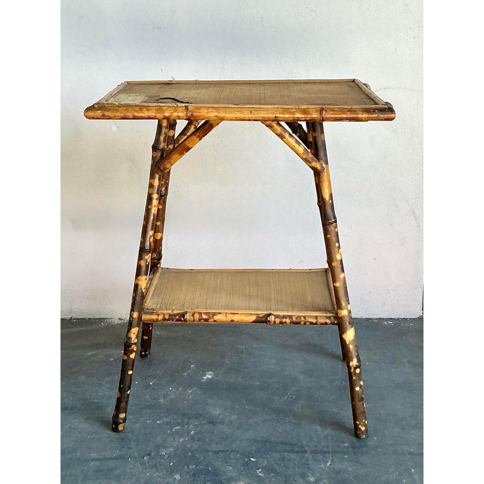 20th Century Vintage Boho Distressed Tortoise Bamboo Side Table For Sale