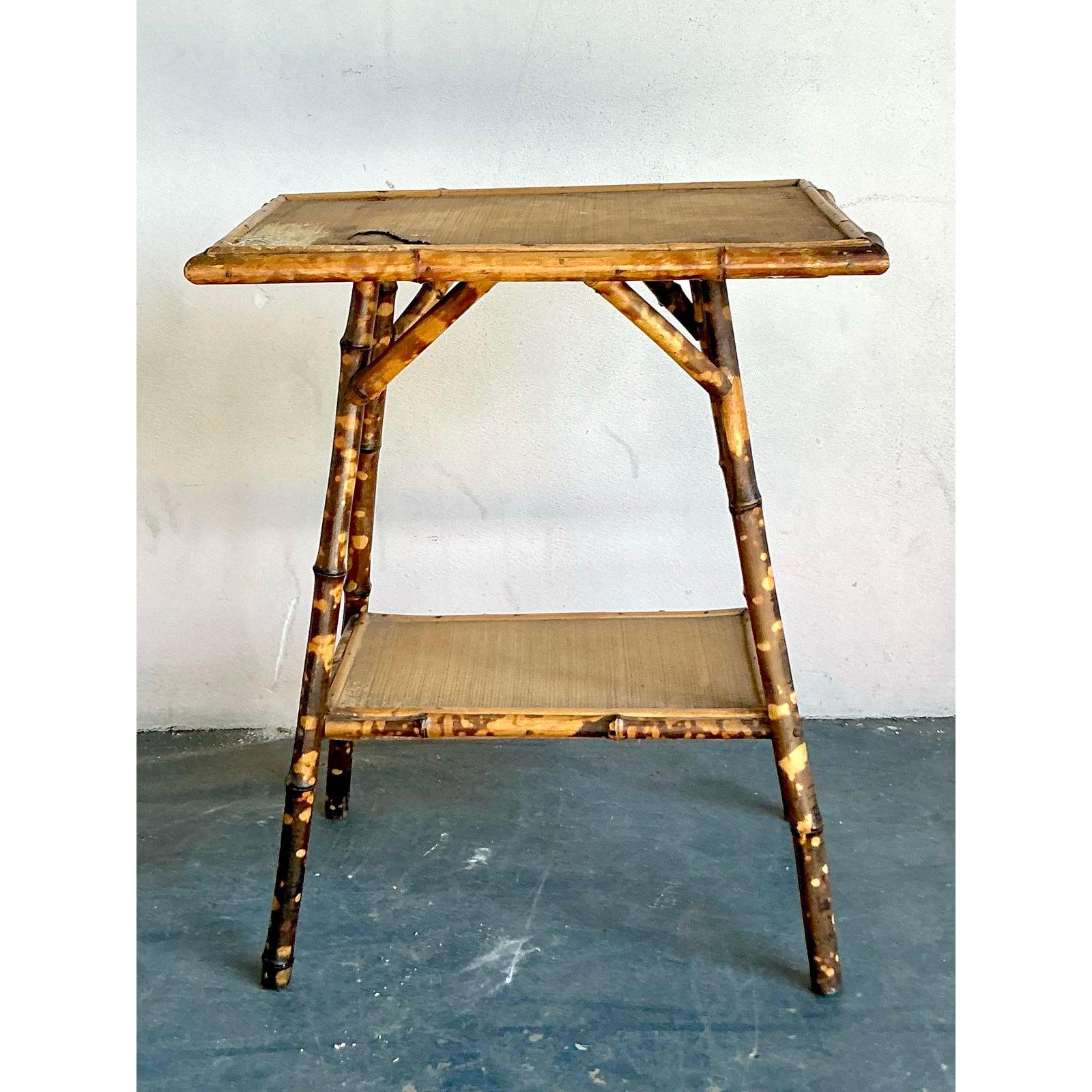 Vintage Boho Distressed Tortoise Bamboo Side Table For Sale 1