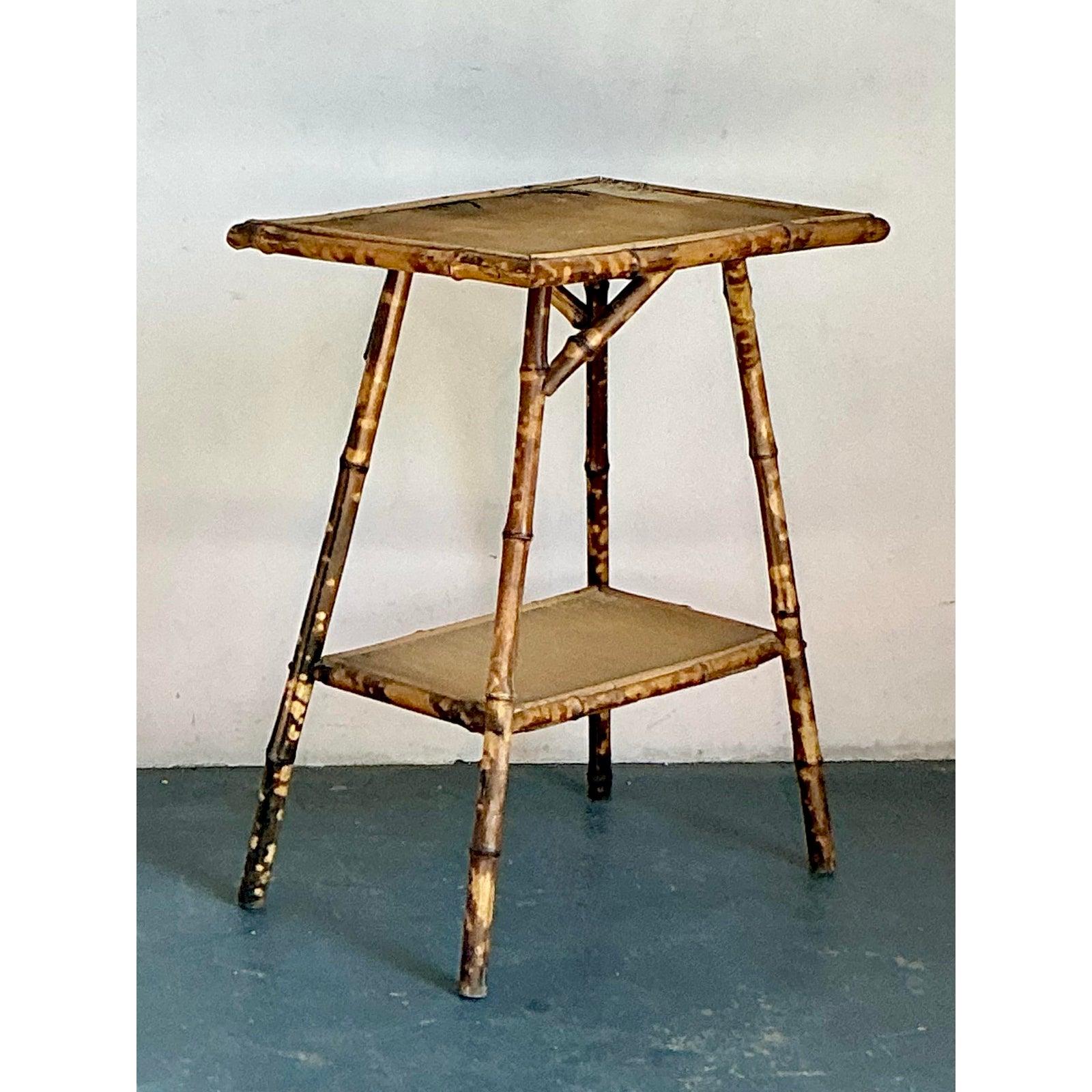 Vintage Boho Distressed Tortoise Bamboo Side Table For Sale 3