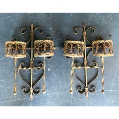 Vintage Boho Distressed Wrought Iron Candle Sconces- A Pair