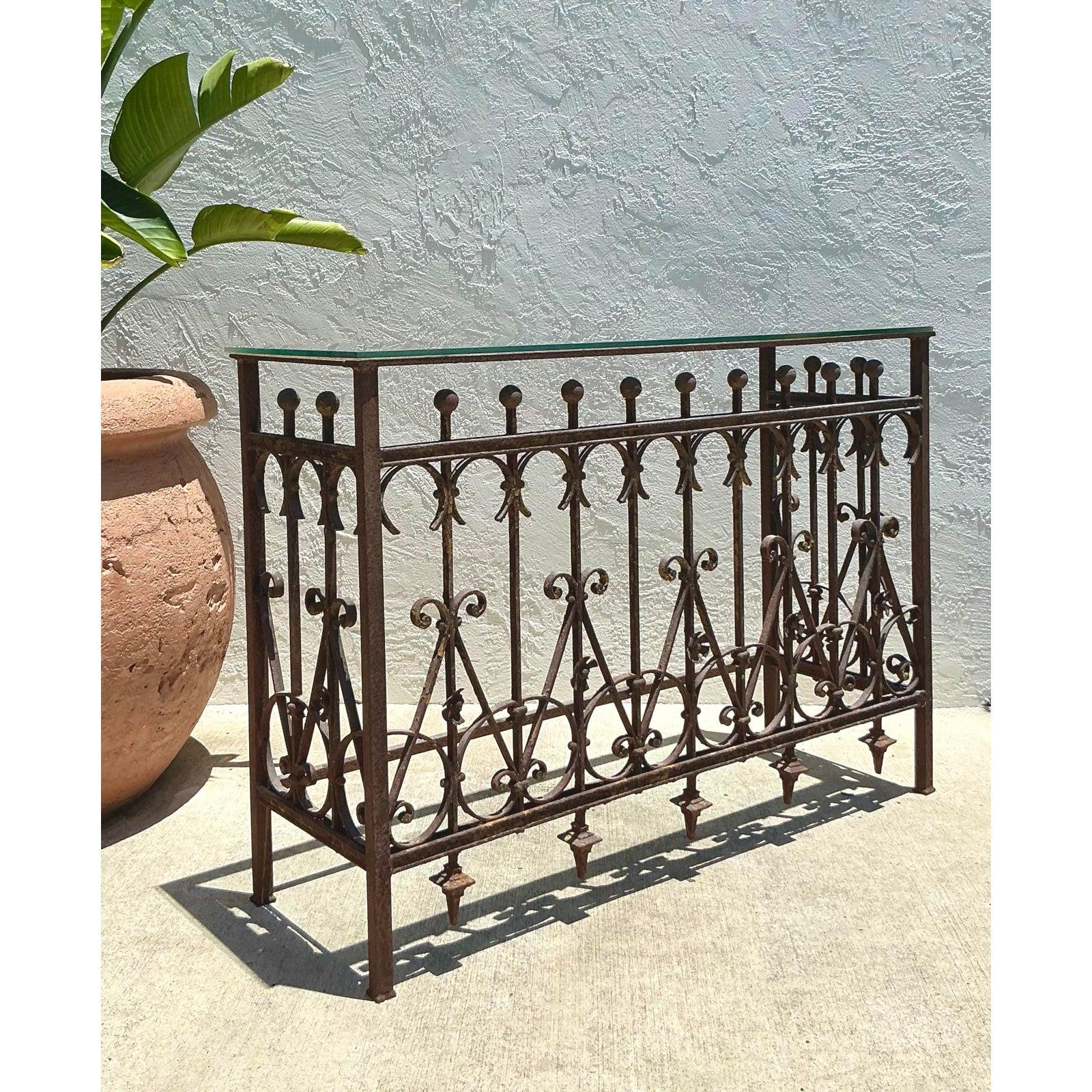 American Vintage Boho Distressed Wrought Iron Console Table For Sale