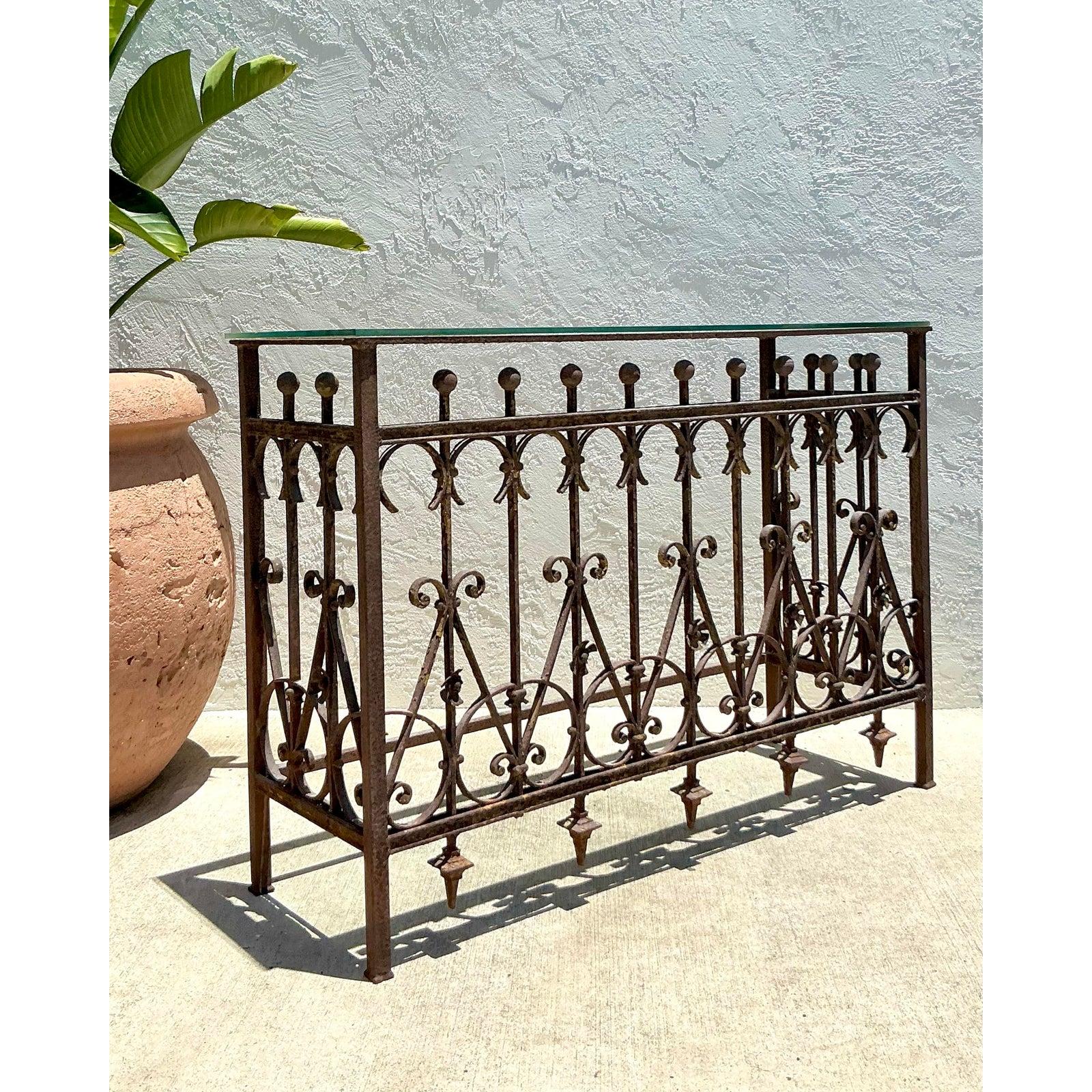 Vintage Boho Distressed Wrought Iron Console Table In Good Condition For Sale In West Palm Beach, FL