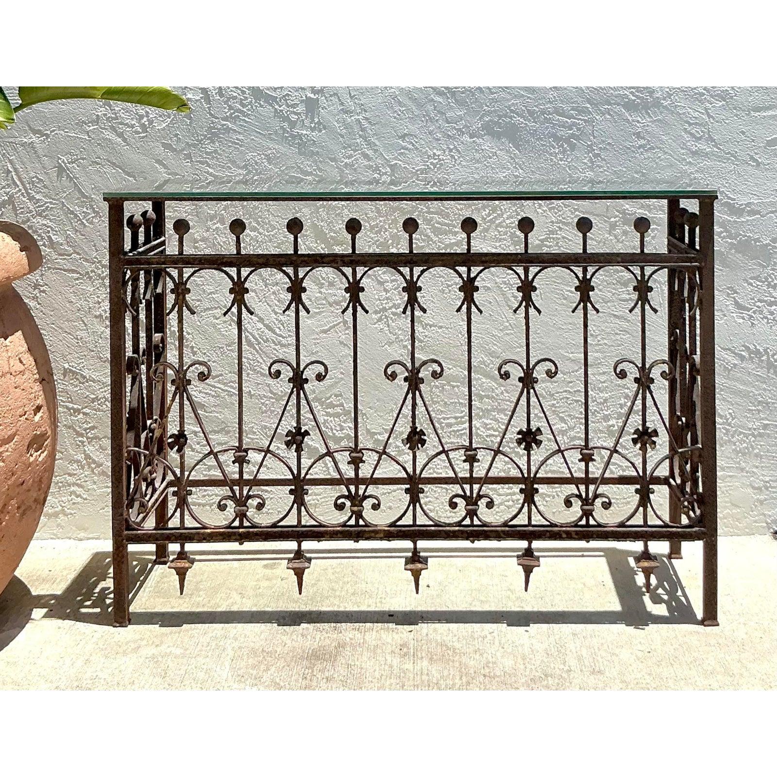 20th Century Vintage Boho Distressed Wrought Iron Console Table For Sale