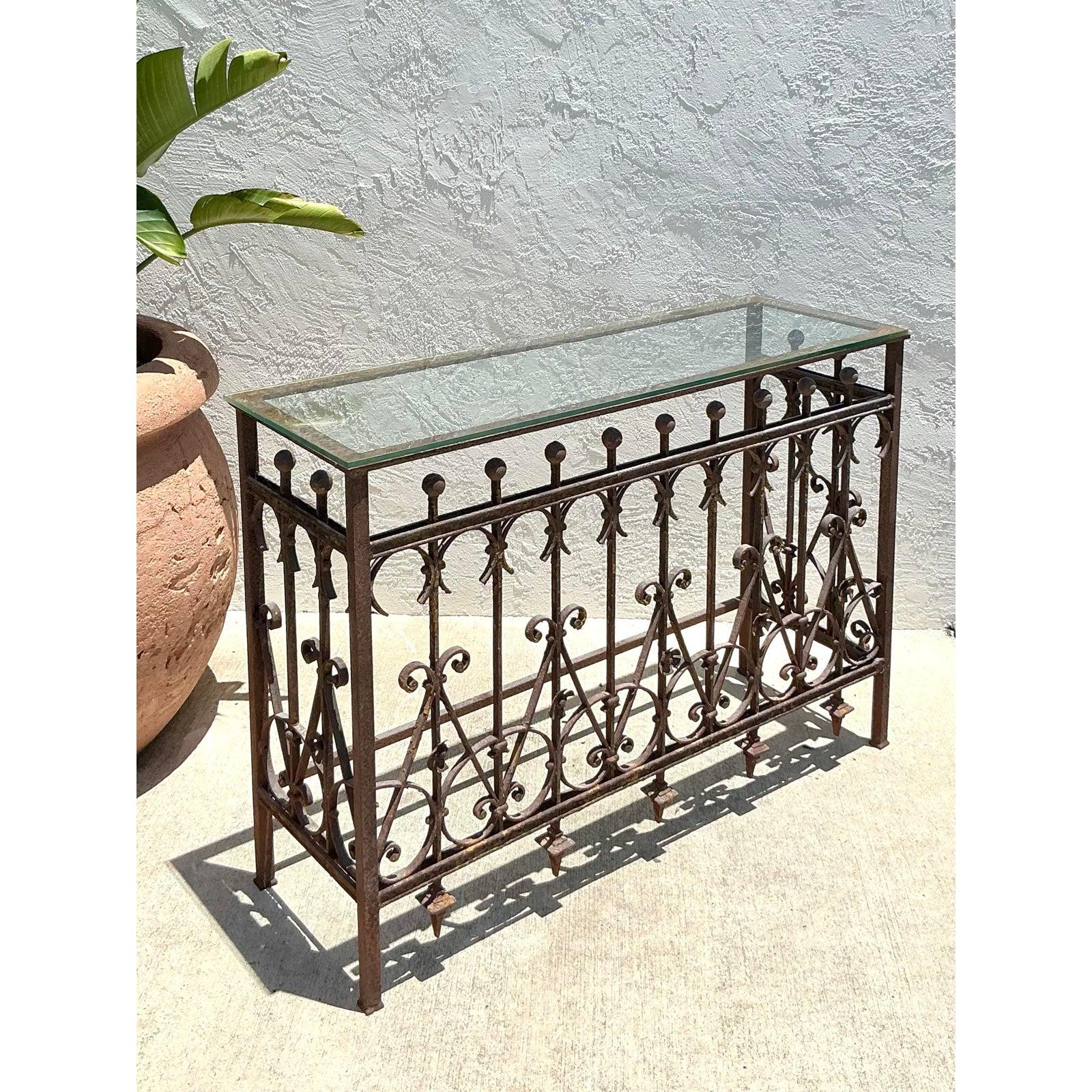 Glass Vintage Boho Distressed Wrought Iron Console Table For Sale