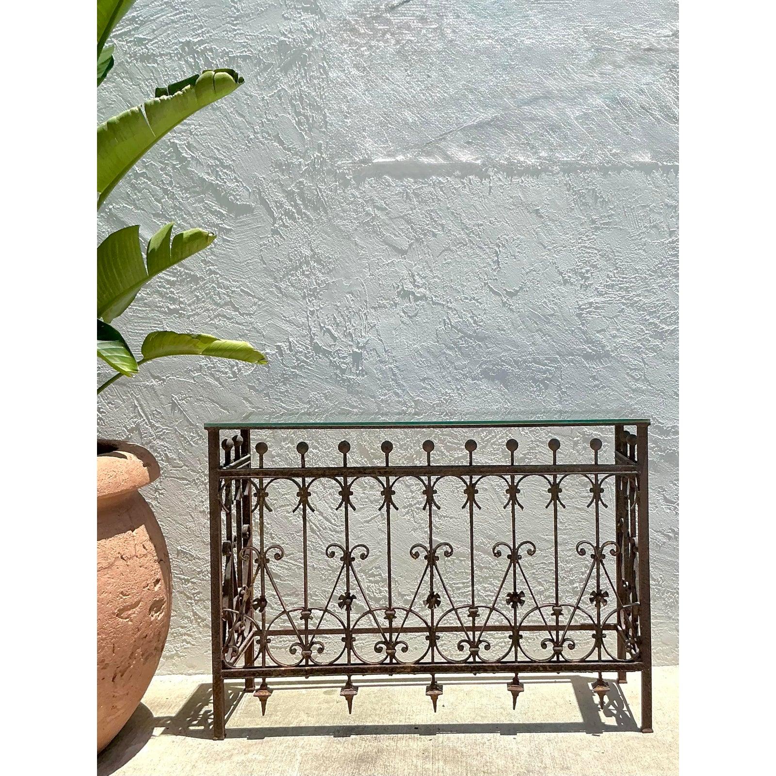 Vintage Boho Distressed Wrought Iron Console Table For Sale 1