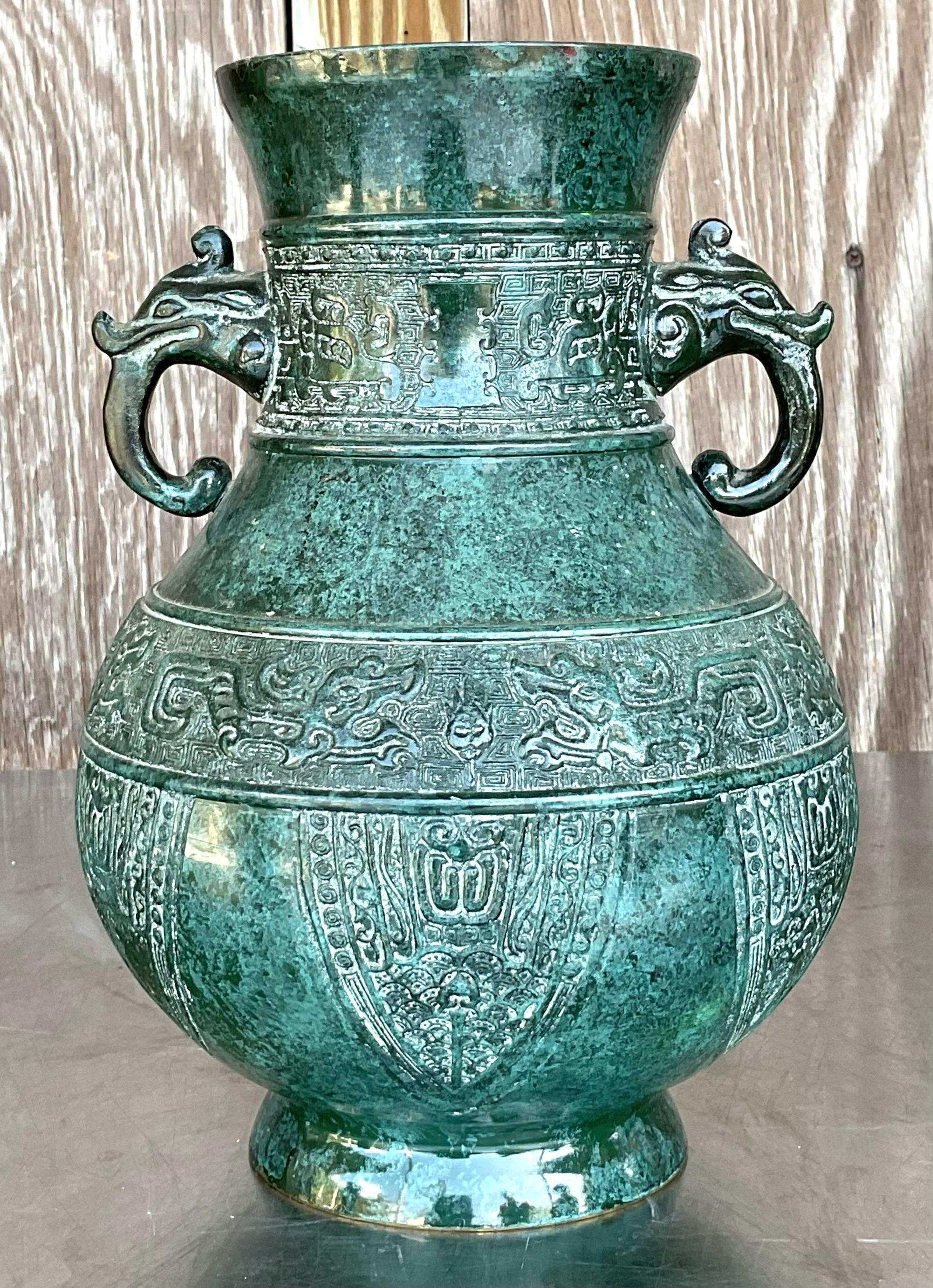 Vintage Boho Double Elephant Patinated Metal Vase In Good Condition For Sale In West Palm Beach, FL