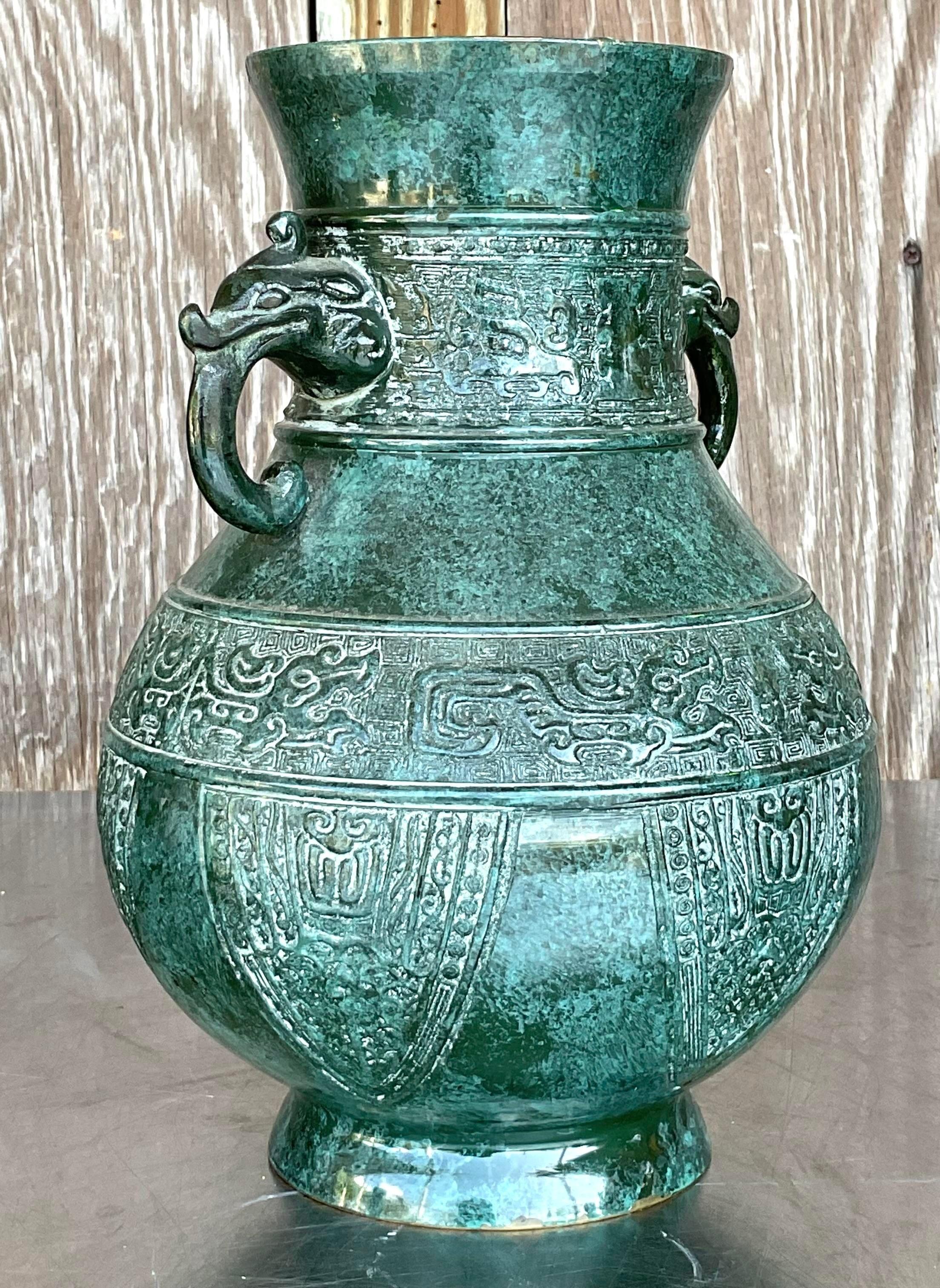 20th Century Vintage Boho Double Elephant Patinated Metal Vase For Sale