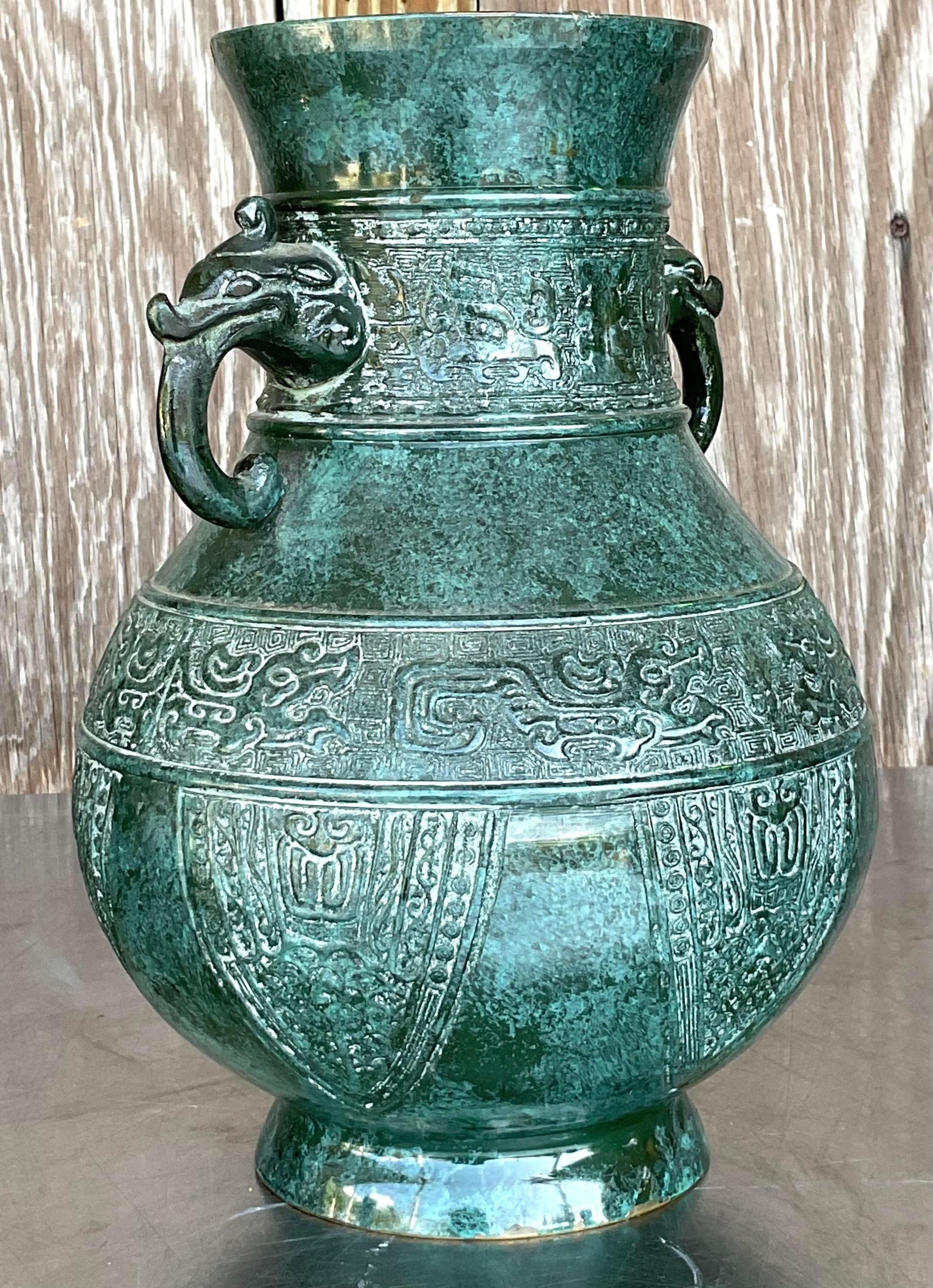 Vintage Boho Double Elephant Patinated Metal Vase For Sale 2