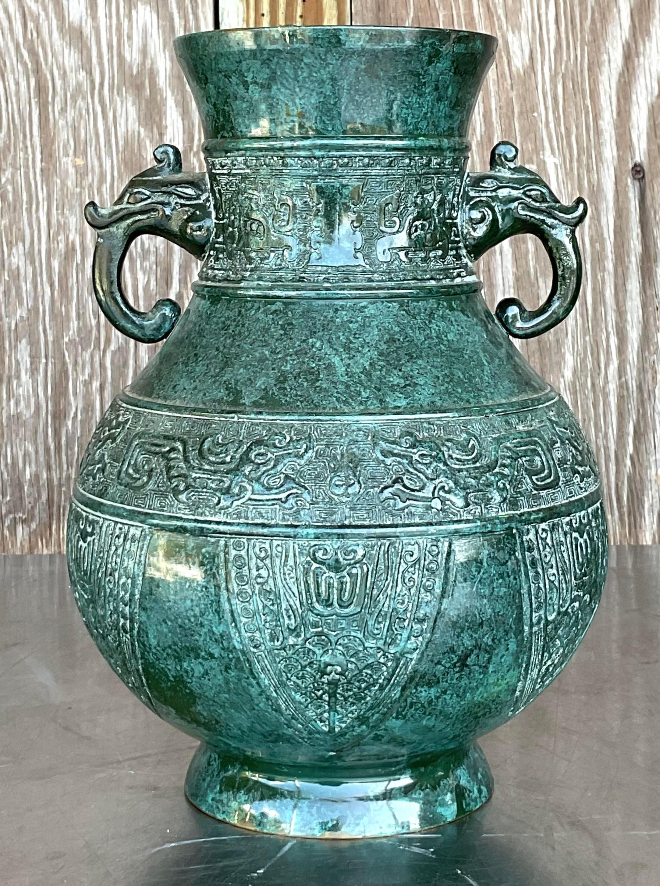 Vintage Boho Double Elephant Patinated Metal Vase For Sale 3
