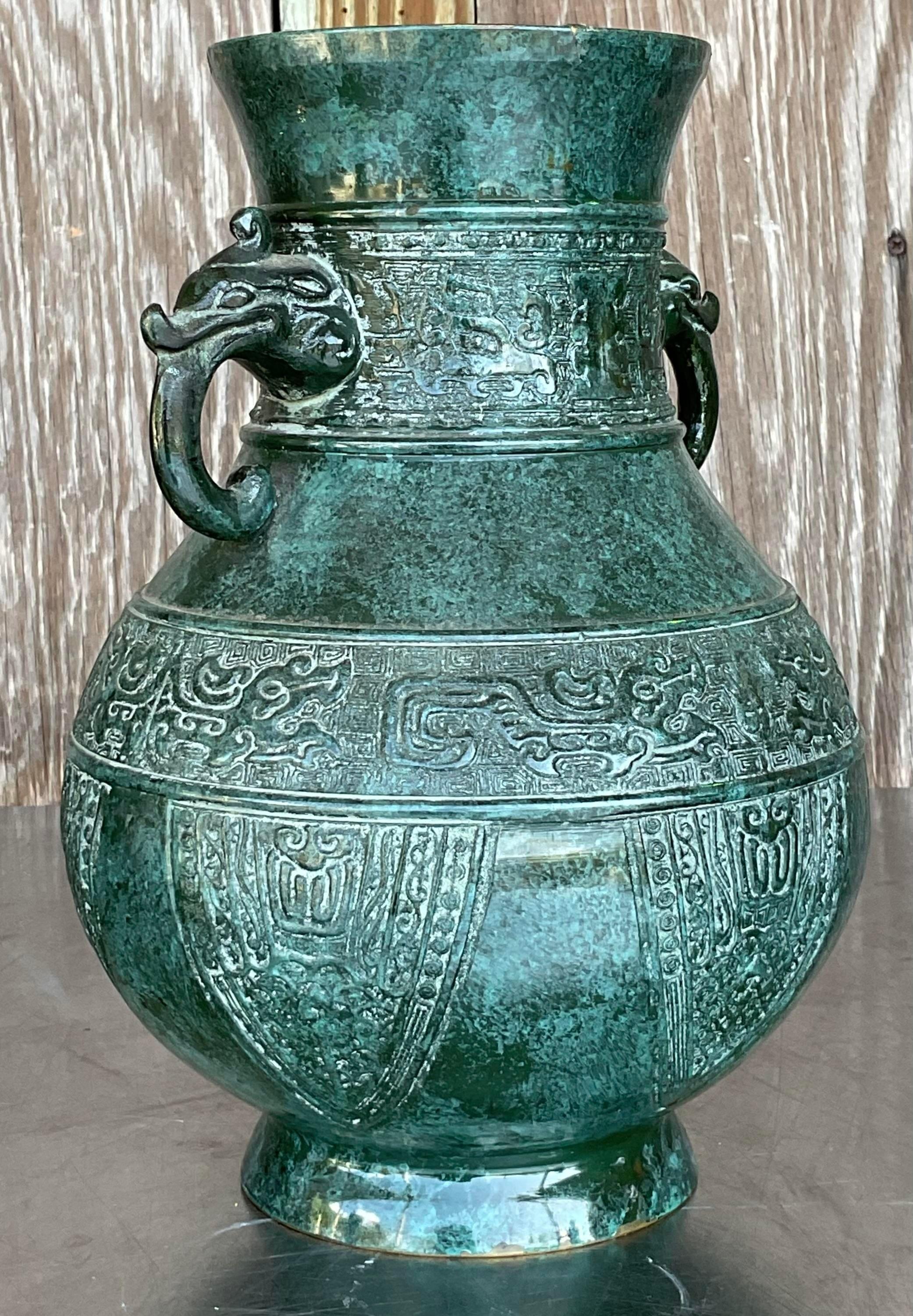 Vintage Boho Double Elephant Patinated Metal Vase For Sale 4