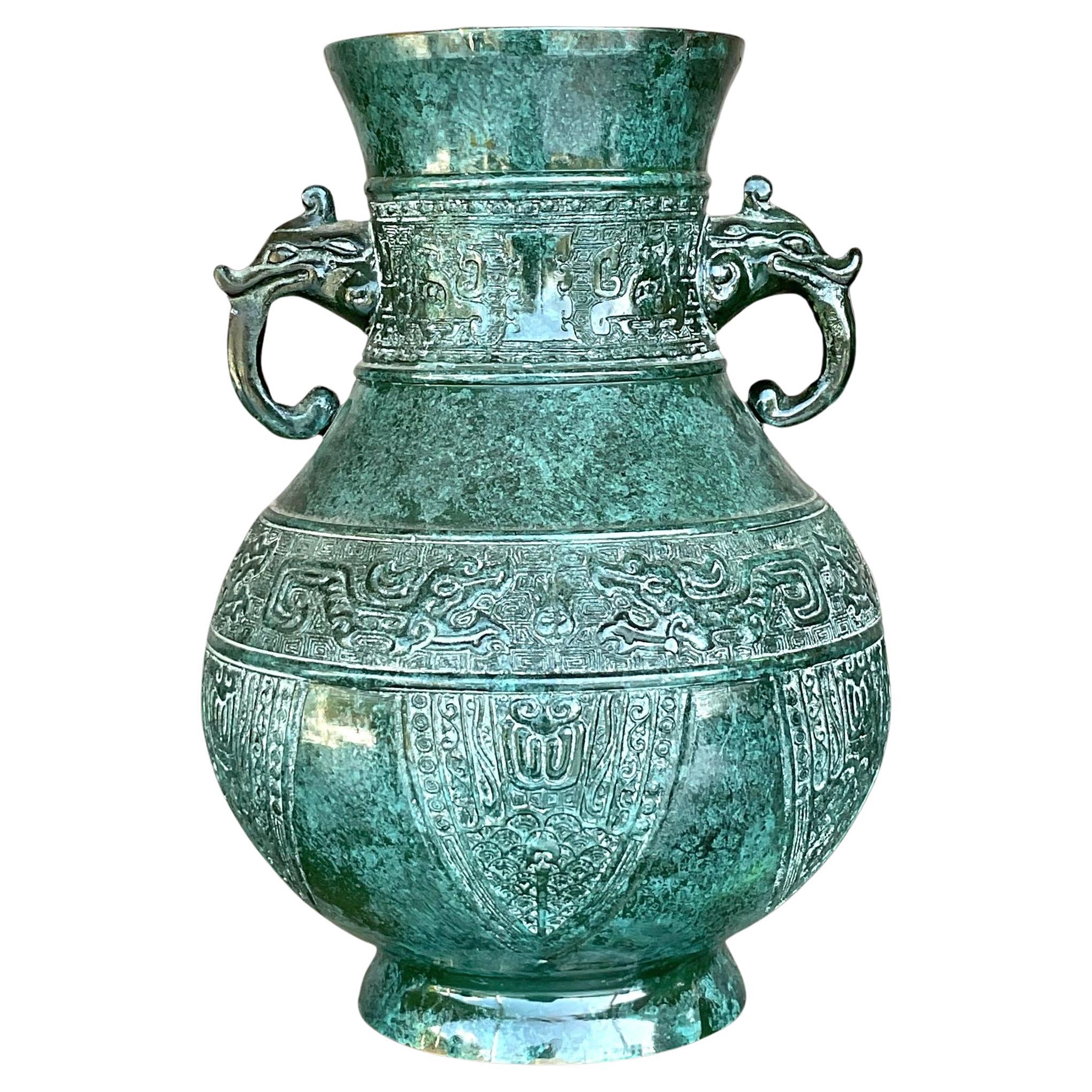 Vintage Boho Double Elephant Patinated Metal Vase For Sale
