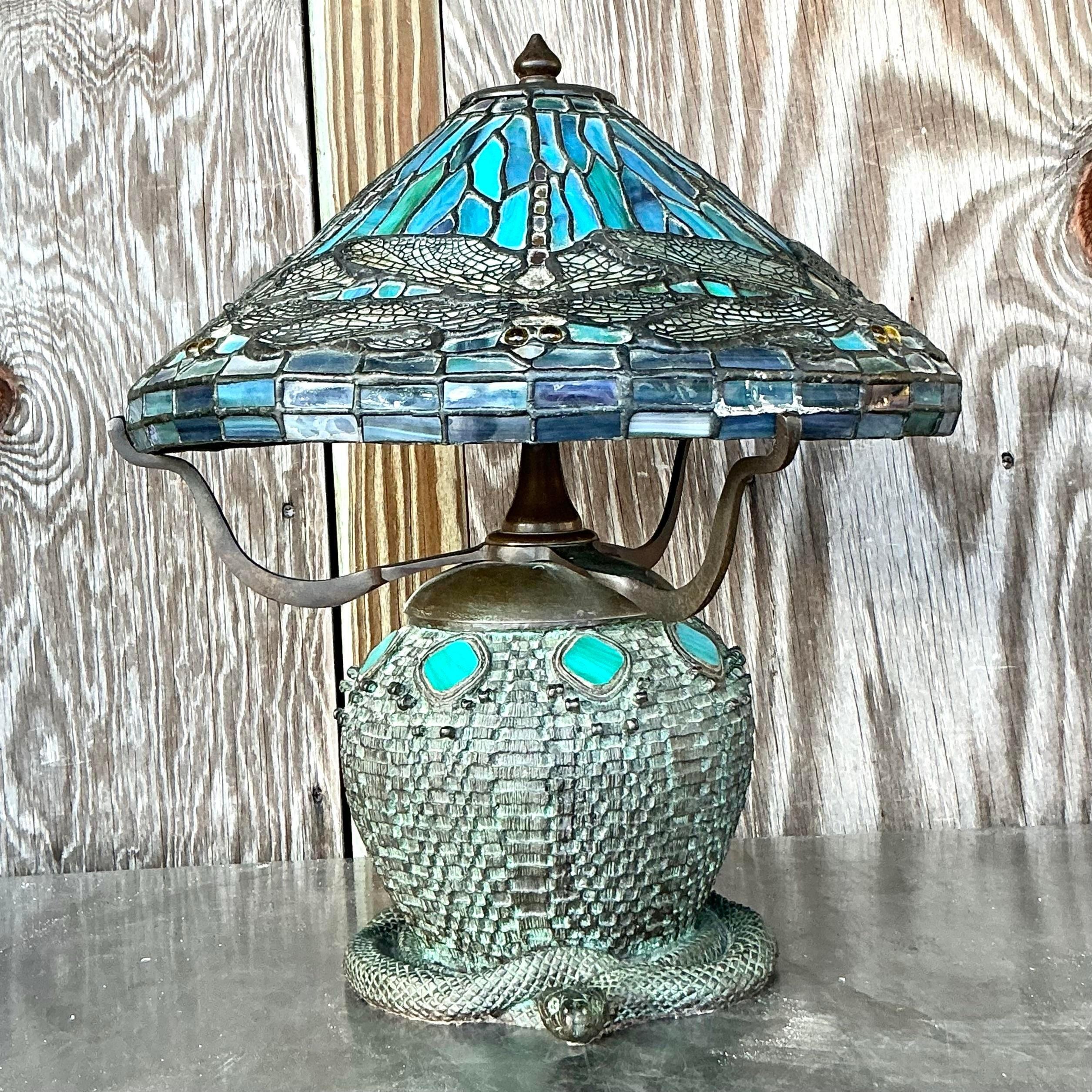 Métal Lampe Boho en verre libellule vintage d'après Tiffany en vente