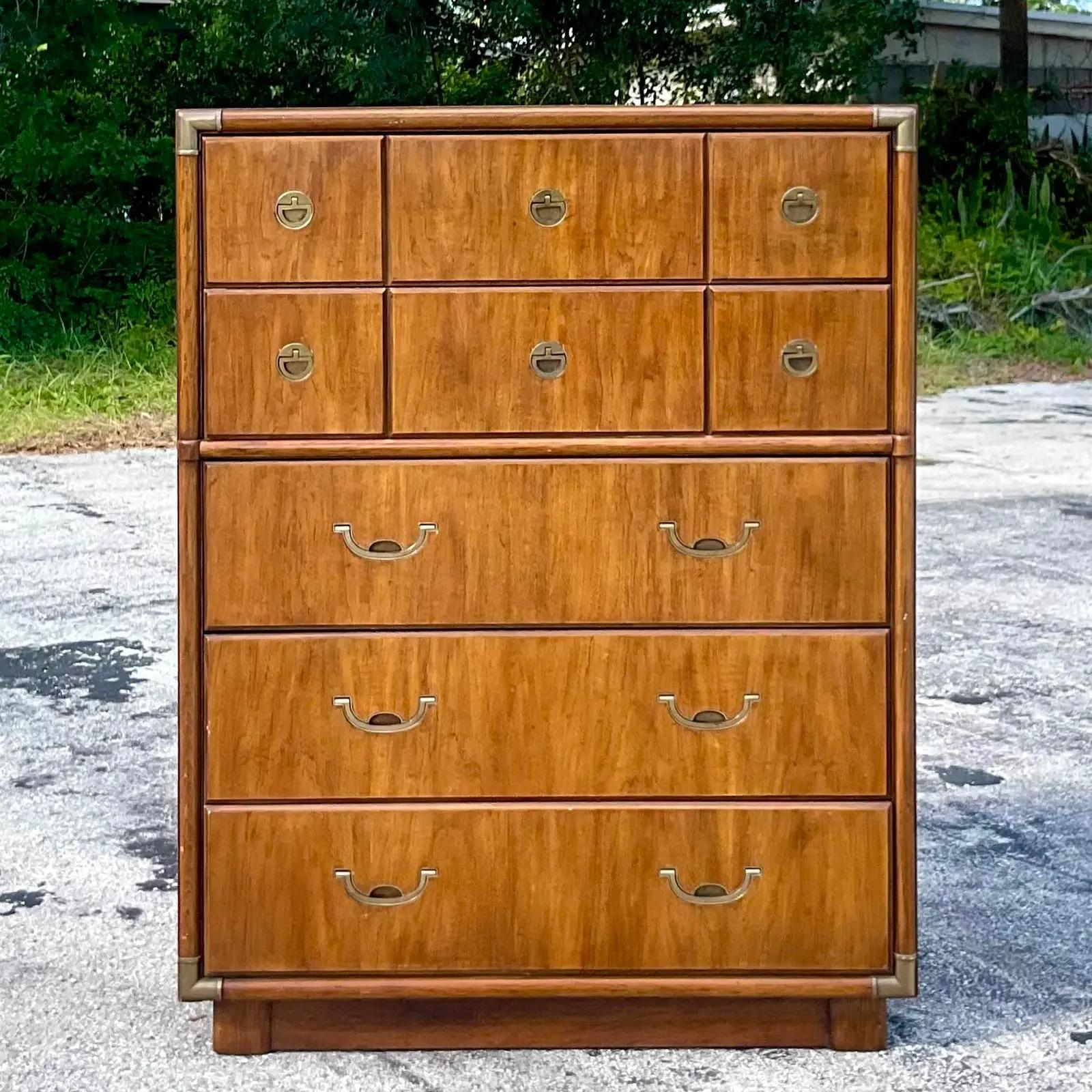 A fantastic vintage Boho tall chest of drawers. Made by the iconic Drexel group and is part of their “Accolade” collection. Beautiful burnished brass Campaign hardware. Matching pieces also available. Acquired from a Palm Beach estate.