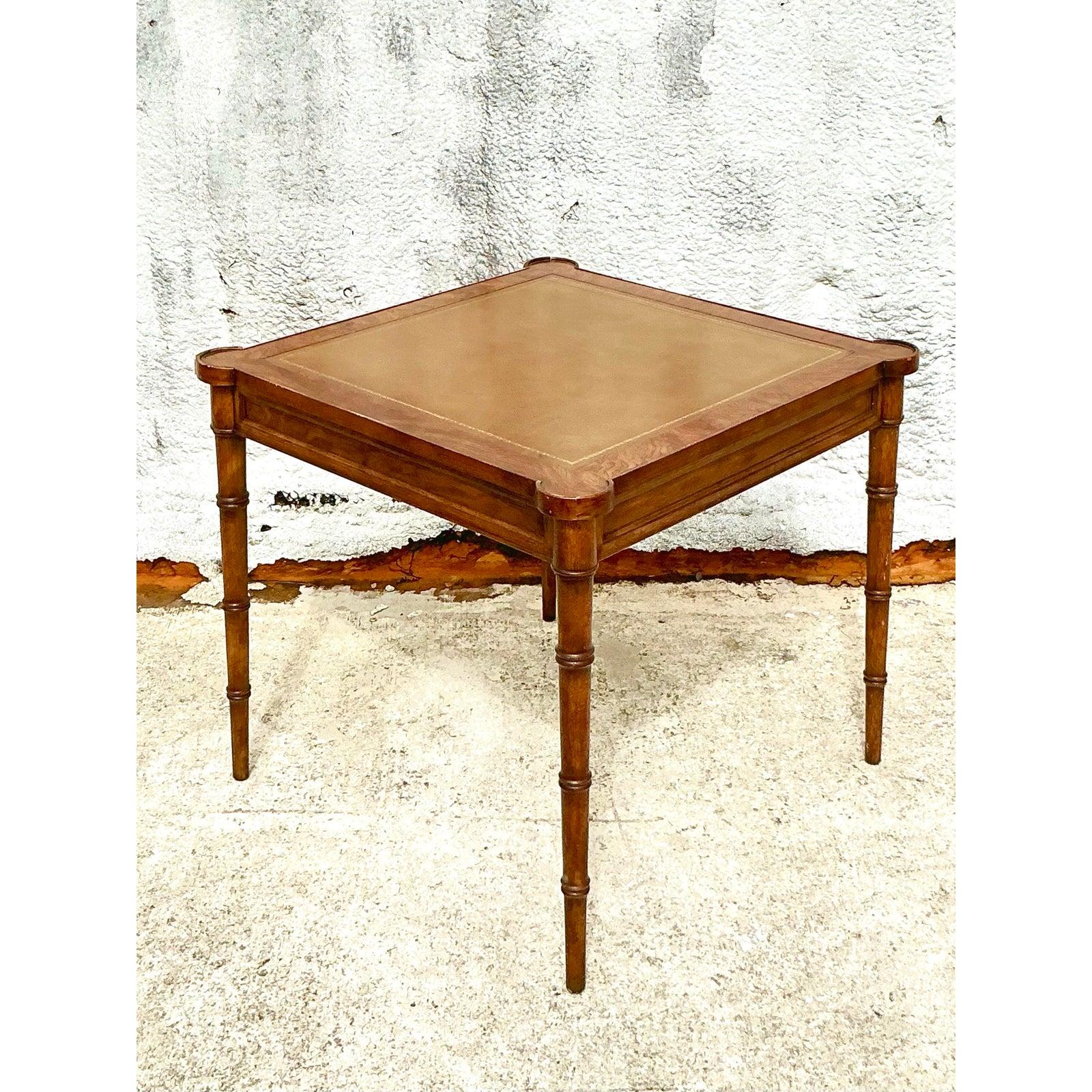 American Vintage Boho Drexel Burl Wood and Leather Game Table