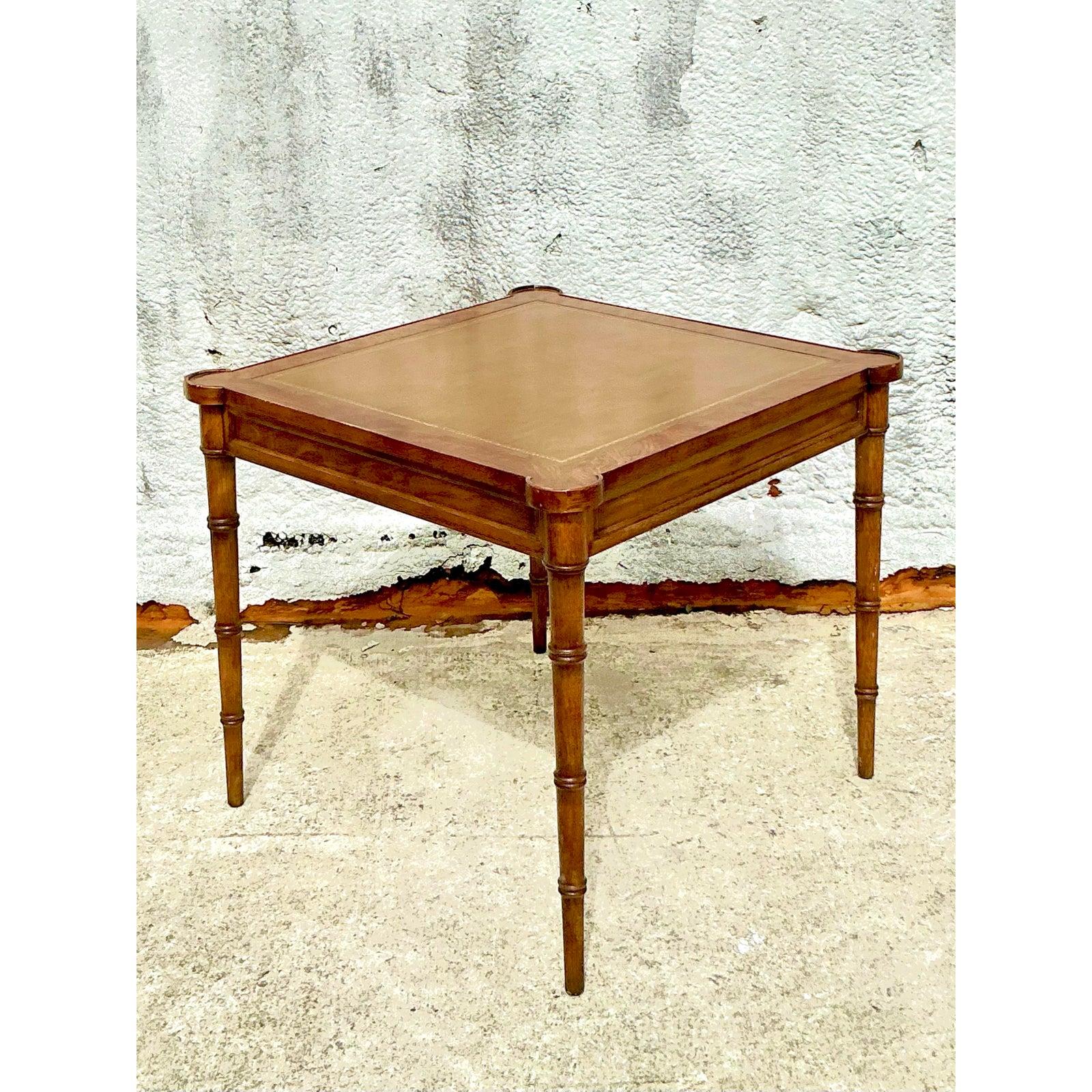 20th Century Vintage Boho Drexel Burl Wood and Leather Game Table