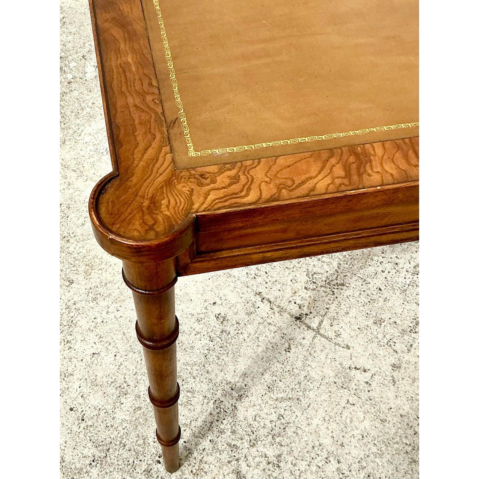 Vintage Boho Drexel Burl Wood and Leather Game Table 1